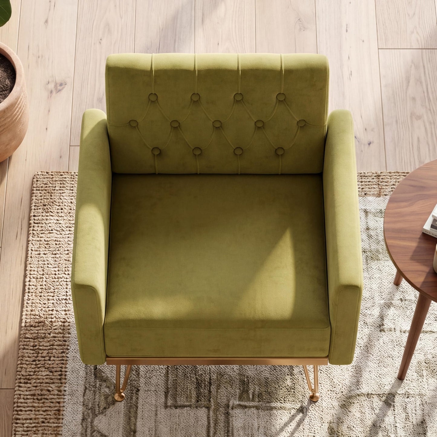 KEIKI Small Velvet Accent Chair, 31 Inch Modern Tufted Upholstered Armchair with Metal Leg, Comfortable Single Sofa Side Reading Chairs, Comfy Arm Chair for Bedroom Living Room, Easy Assembly, Green