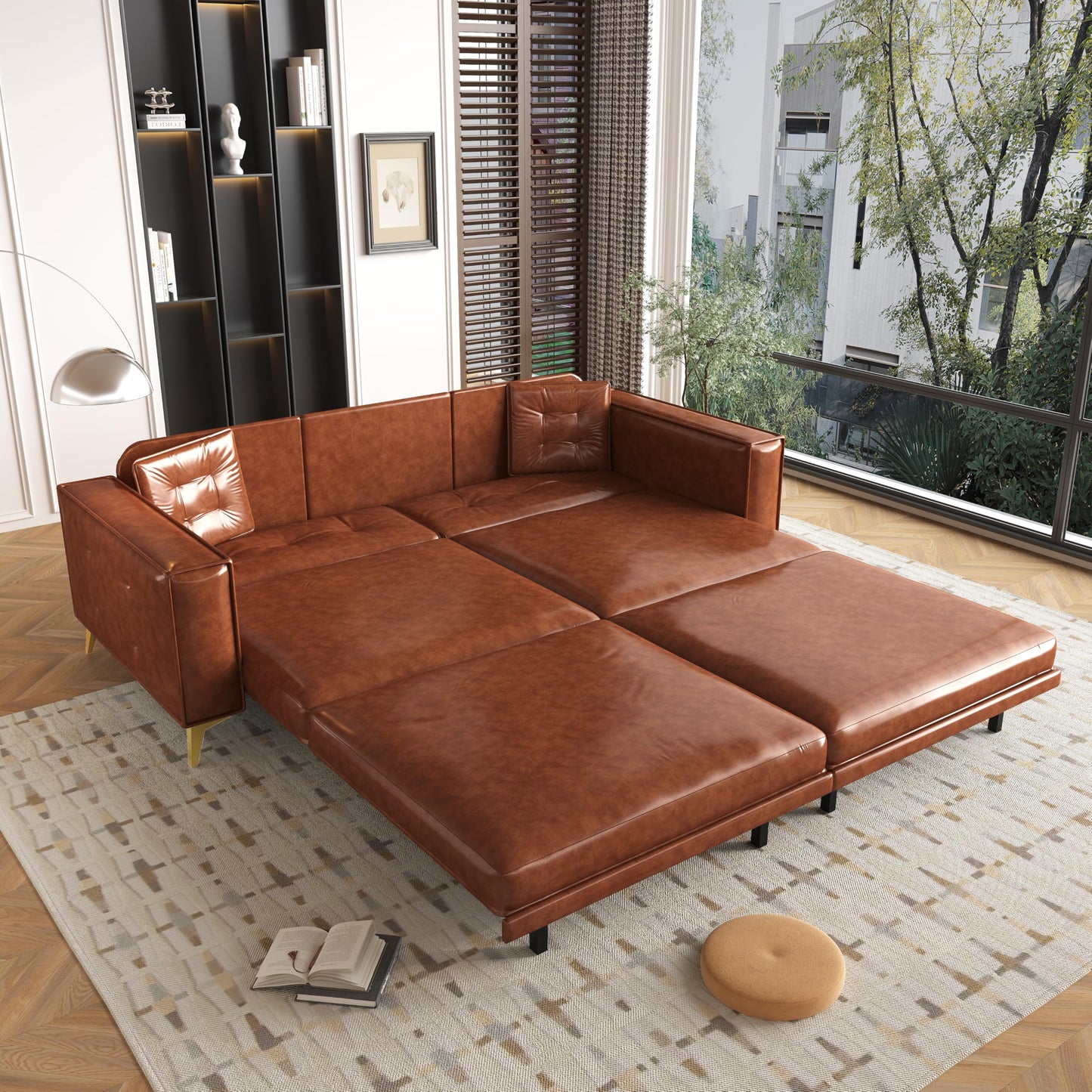 Eafurn 92" Convertible Loveseat Sleeper Sofa Bed, 4-in-1 Multifunctional 4-Seat Leather Couch with Pull Out King Size Bed & Chaise Lounge, Oversized Tufted Loveseat Sofa Couch for Living Room