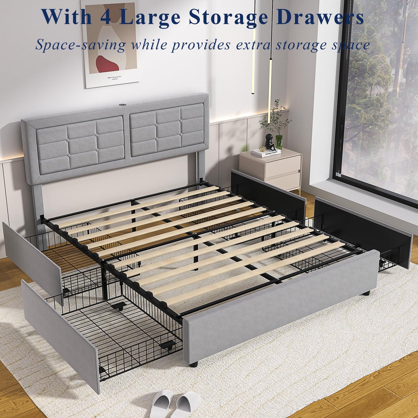 VECELO Queen Size Bed Frame with 4 Storage Drawers & Adjustable Headboard, Built-in Charging Station, Upholstered Bedframe with Wood Slats Support, Light Grey