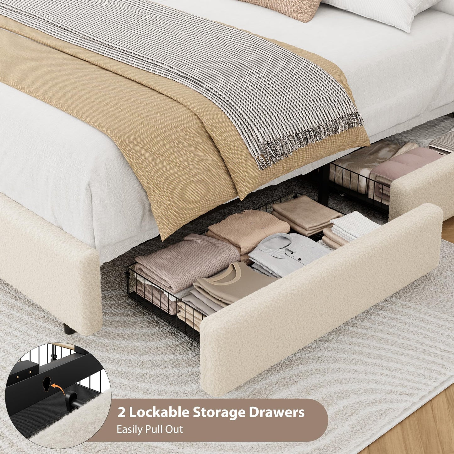 GarveeHome Queen Size Bed Frame with 2 Storage Drawer, Teddy Fleece Thick Upholstered Platform Bed Frame with Adjustable Headboard, No Box Spring Needed, Cream Beige