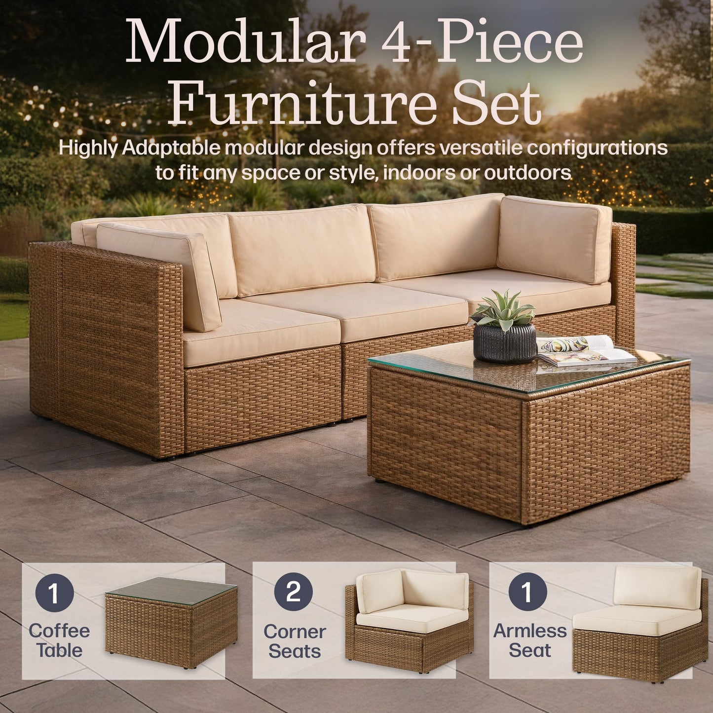 Alaterre Furniture Montara 4 Piece Modular Outdoor Patio Furniture Set - Weather-Resistant Wicker Rattan Patio Set with Outdoor Couch and Coffee Table for Backyard, Porch, Deck or Poolside (Tan/Cream)