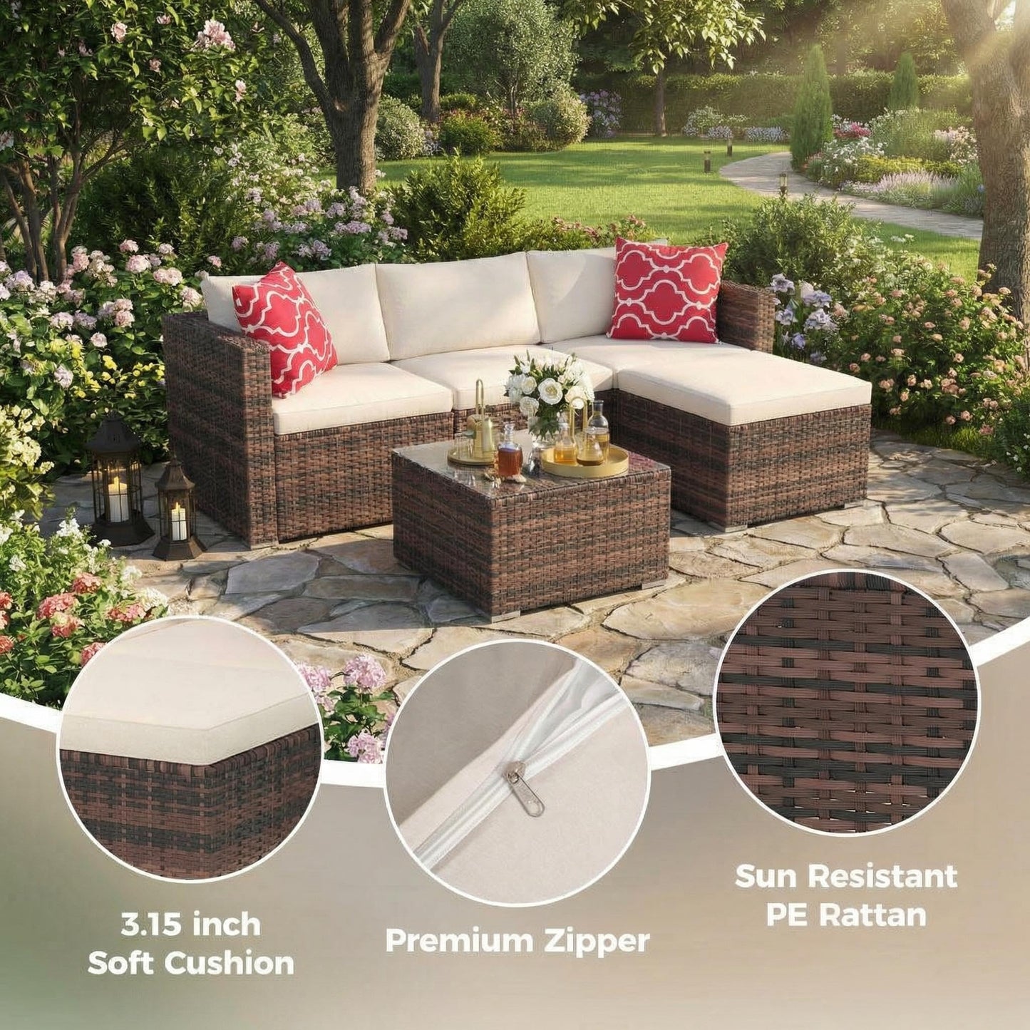 5-Piece L-Shaped Outdoor Patio Furniture Set, PE Wicker Sectional Sofa Set with Cushions and Tempered Glass Table, Steel Frame Conversation Set for Backyard & Poolside – Brown Wicker / Beige Cushions