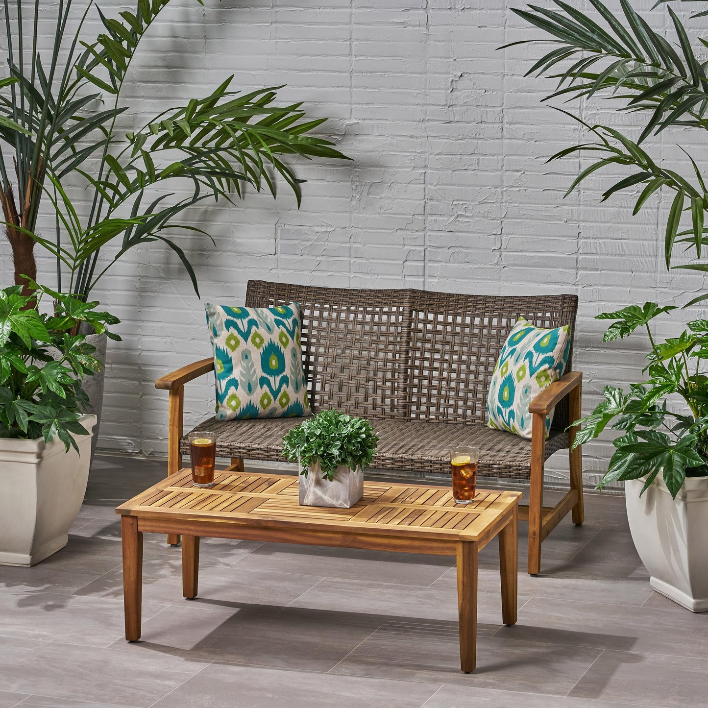 Christopher Knight Home Hamptom Outdoor Acacia Wood and Wicker Conversation Set with Loveseat, Mixed Mocha