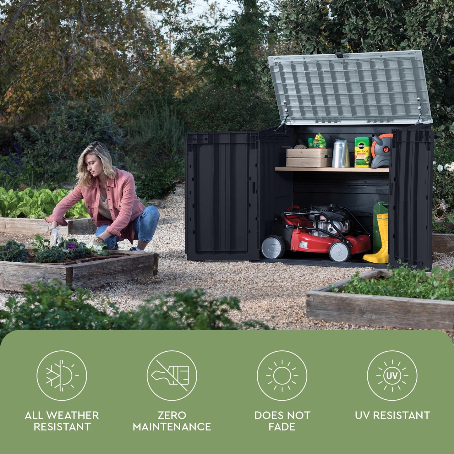 Keter Store-It-Out Prime 4.3 x 3.7 ft. Outdoor Resin Storage Shed with Easy Lift Hinges, Perfect for Yard Tools, Pool Floats and Garden Accessories, Black