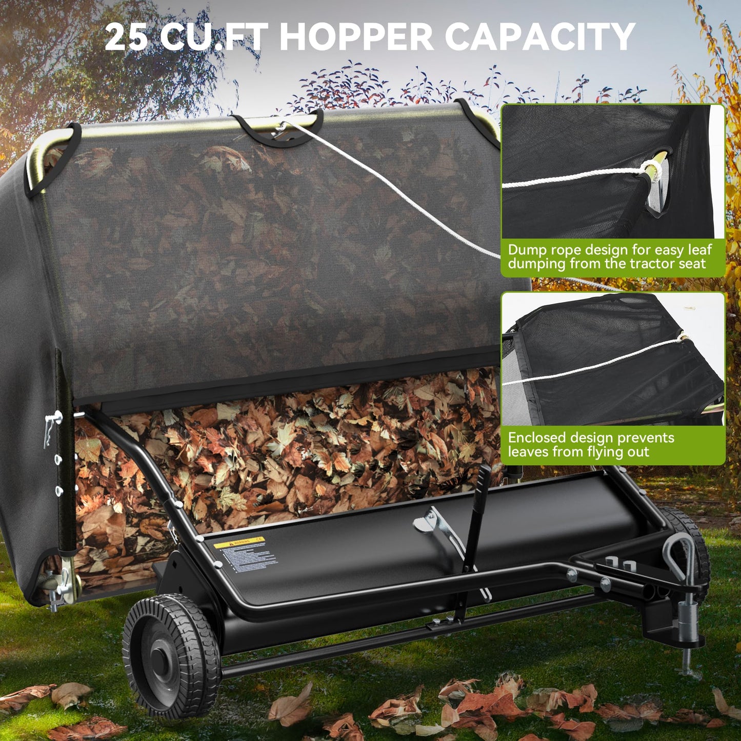 AUTOSAVER88 48" Tow Behind Lawn Sweeper, 25 cu. ft Capacity Pull Behind Lawn Sweeper, Leaf & Grass Collector with Adjustable Sweeping Height and Dumping Rope Design for Yard Lawn