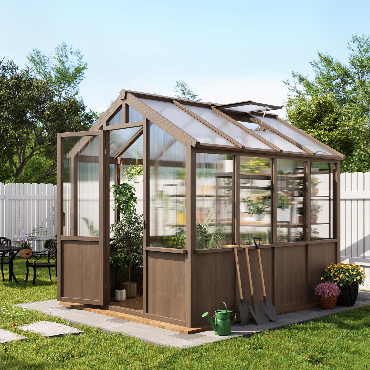 6x8 FT Greenhouse - Large Wooden Greenhouses for Outdoors, Heavy Duty Spruce Frame Greenhouse with PC Panels, Adjustable Roof Vents & Lockable Door, Walk-in Green Houses for Garden, Backyard, Patio