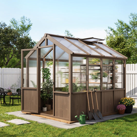 6x8 FT Greenhouse - Large Wooden Greenhouses for Outdoors, Heavy Duty Spruce Frame Greenhouse with PC Panels, Adjustable Roof Vents & Lockable Door, Walk-in Green Houses for Garden, Backyard, Patio