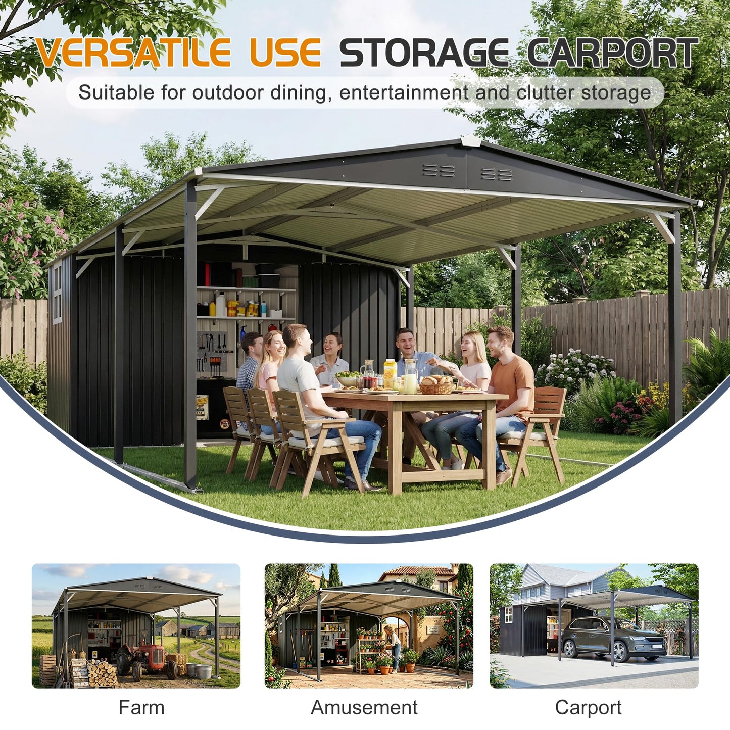 ZMAD 12'x23' Metal Carport Storage Shed 2-in-1, Heavy Duty Steel Garage with Sliding Door, UV Panel & Waterproof Sloped Roof, Reinforced Structure for Car Boat Tractor Farm(Style B)