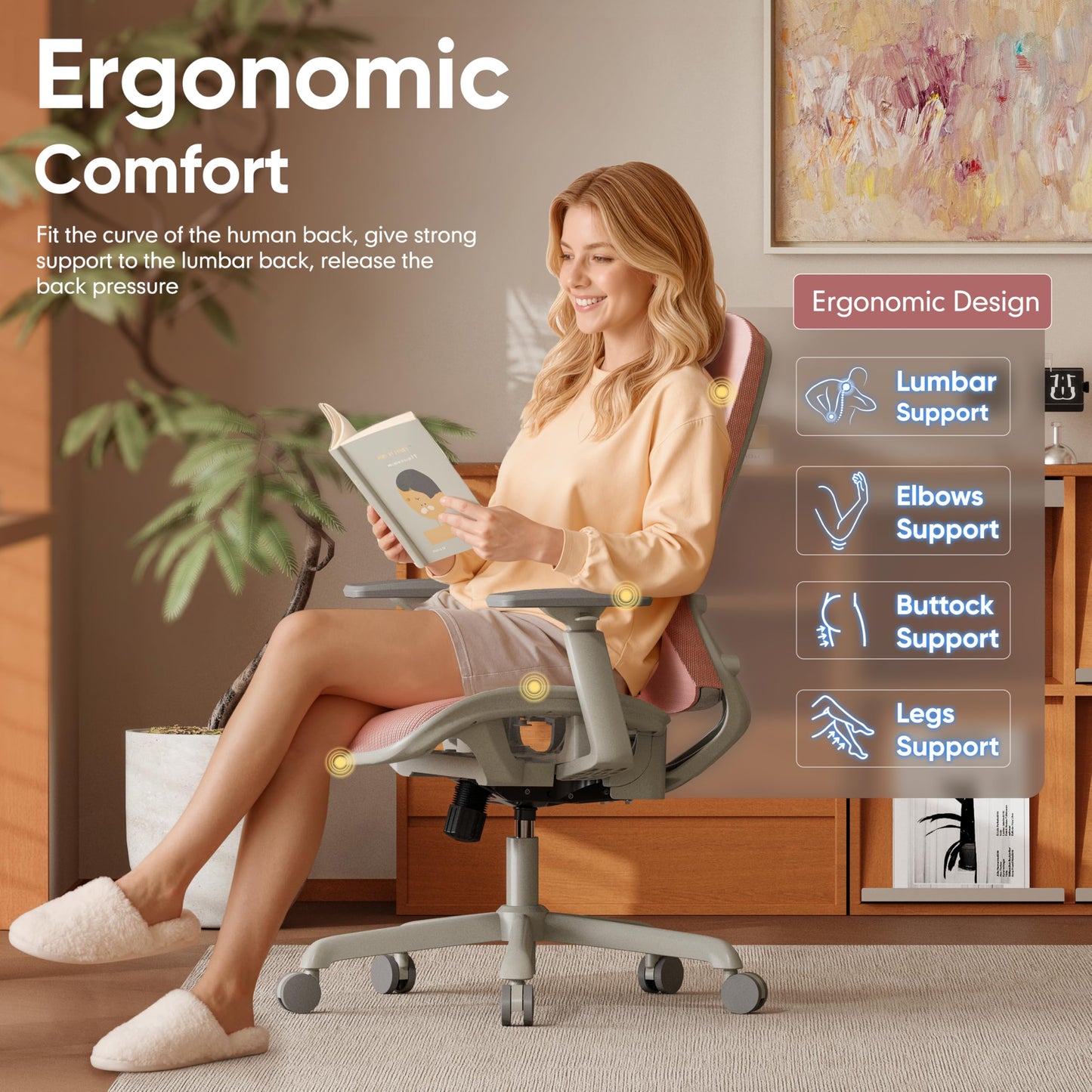 ELABEST Mesh Office Chair,Ergonomic Computer Desk Chair,Sturdy Task Chair- Adjustable Lumbar Support & Armrests,Tilt Function,Comfort Wide Seat,Swivel Home Office Chair (Pink)