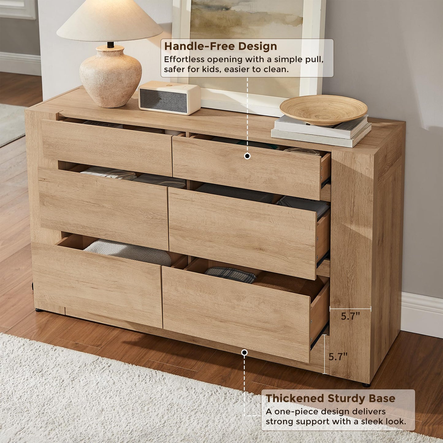 OKD 6 Drawer Dresser for Bedroom, 54" Wide Chest of Drawers with Thick Wood Design, Handleless, Modern Bedroom Dresser, Storage Organizer for Living Room/Entryway/Hallway, Natural Oak