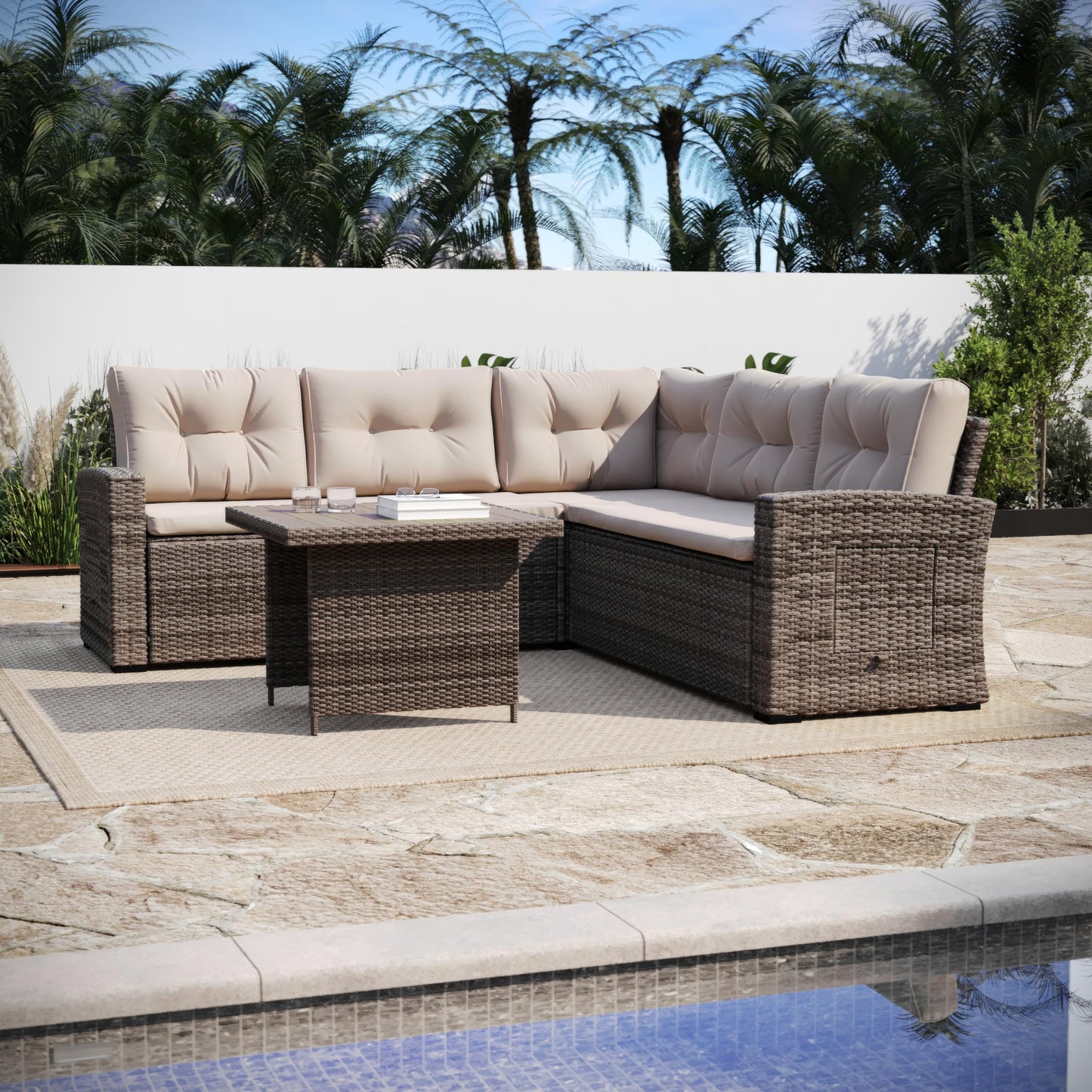 Flash Furniture Huck Wicker Rattan Conversation Set, Versatile Indoor/Outdoor Use, L-Shaped Sofa and Dining Table, Weather-Resistant Cushions, Beige/Brown
