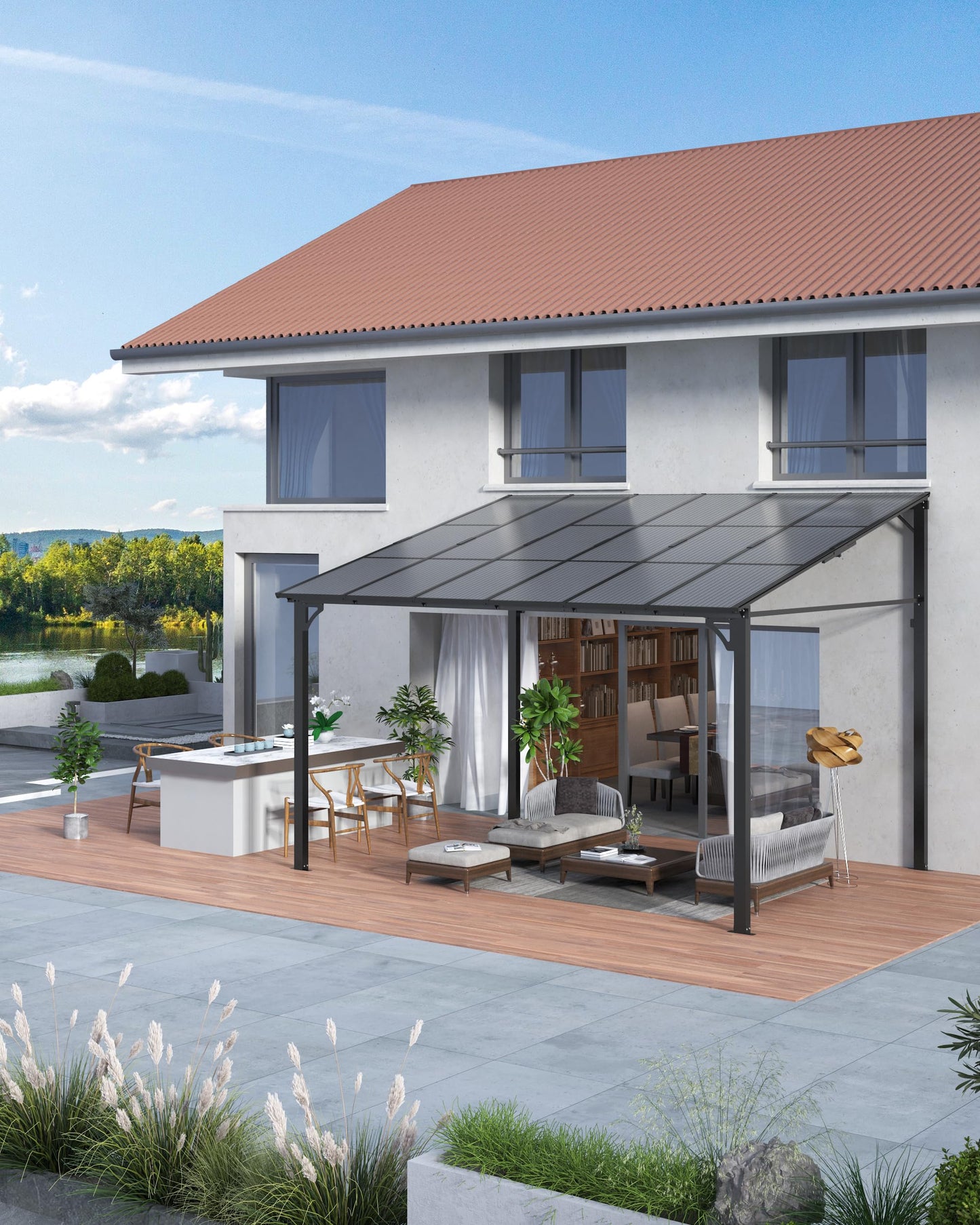 GarveeLife 10 ft x 12 ft Lean to Gazebo, Hardtop Wall Pergola with Polycarbonate Roof, Aluminum Frame Mounted Gazebo for Lawn Patio Deck Yard and Party