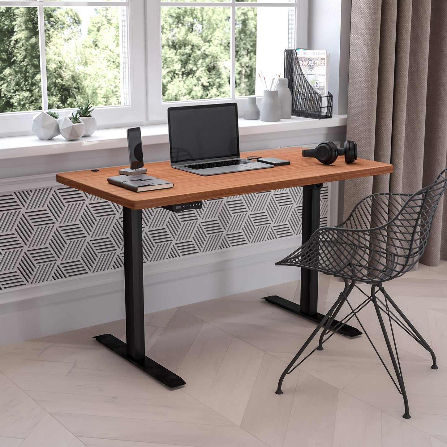 Flash Furniture Tanner Electric Height Adjustable Standing Desk - Table Top 48" Wide - 24" Deep (Mahogany)