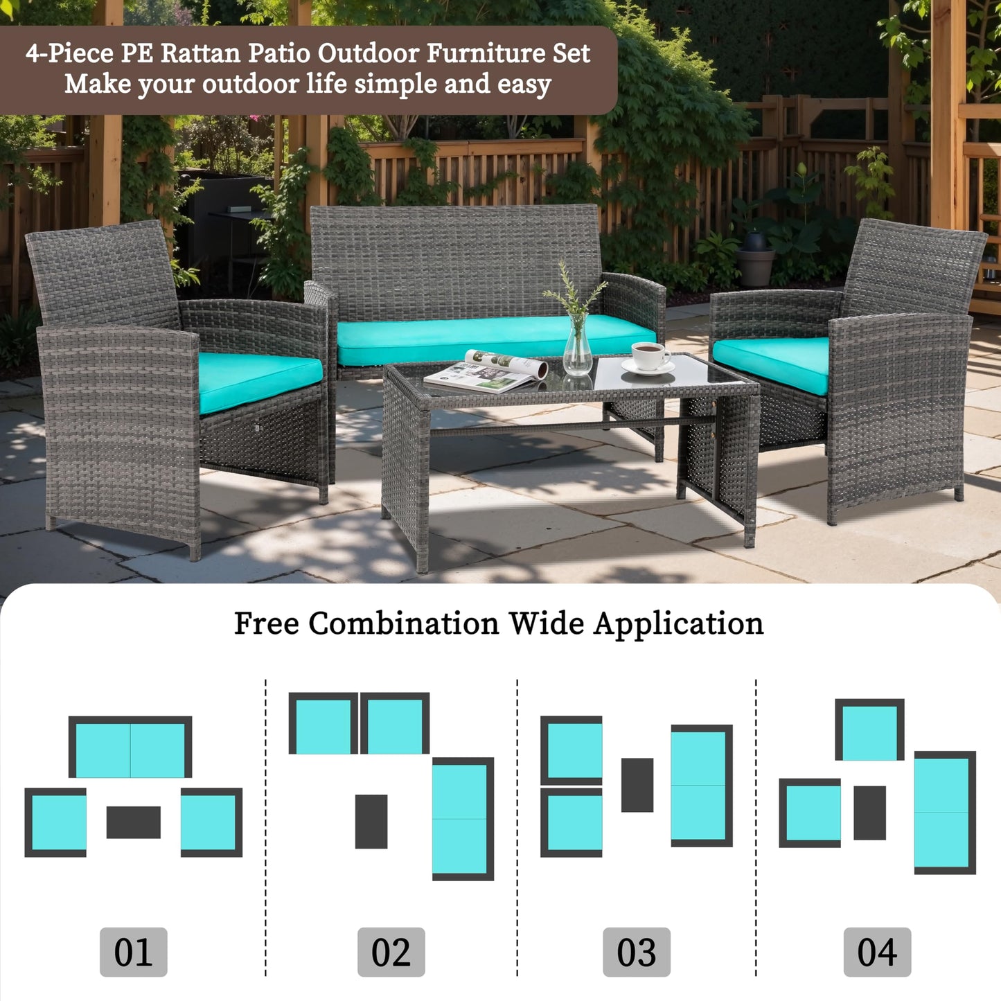 4 Piece Patio Ratten Set Outdoor Furniture Set Wicker Conversation Sets with Cushions and Tempered Glass Tabletop,Blue