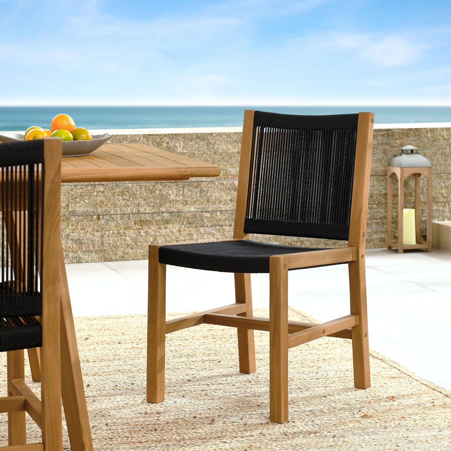Modway Vienna Outdoor Patio Teak and Rope Armless Dining Chair Set of 2 in Natural Black – Woven Rope Side Chairs – Teak Outdoor Dining Chairs – Weather-Resistant Deck Chairs