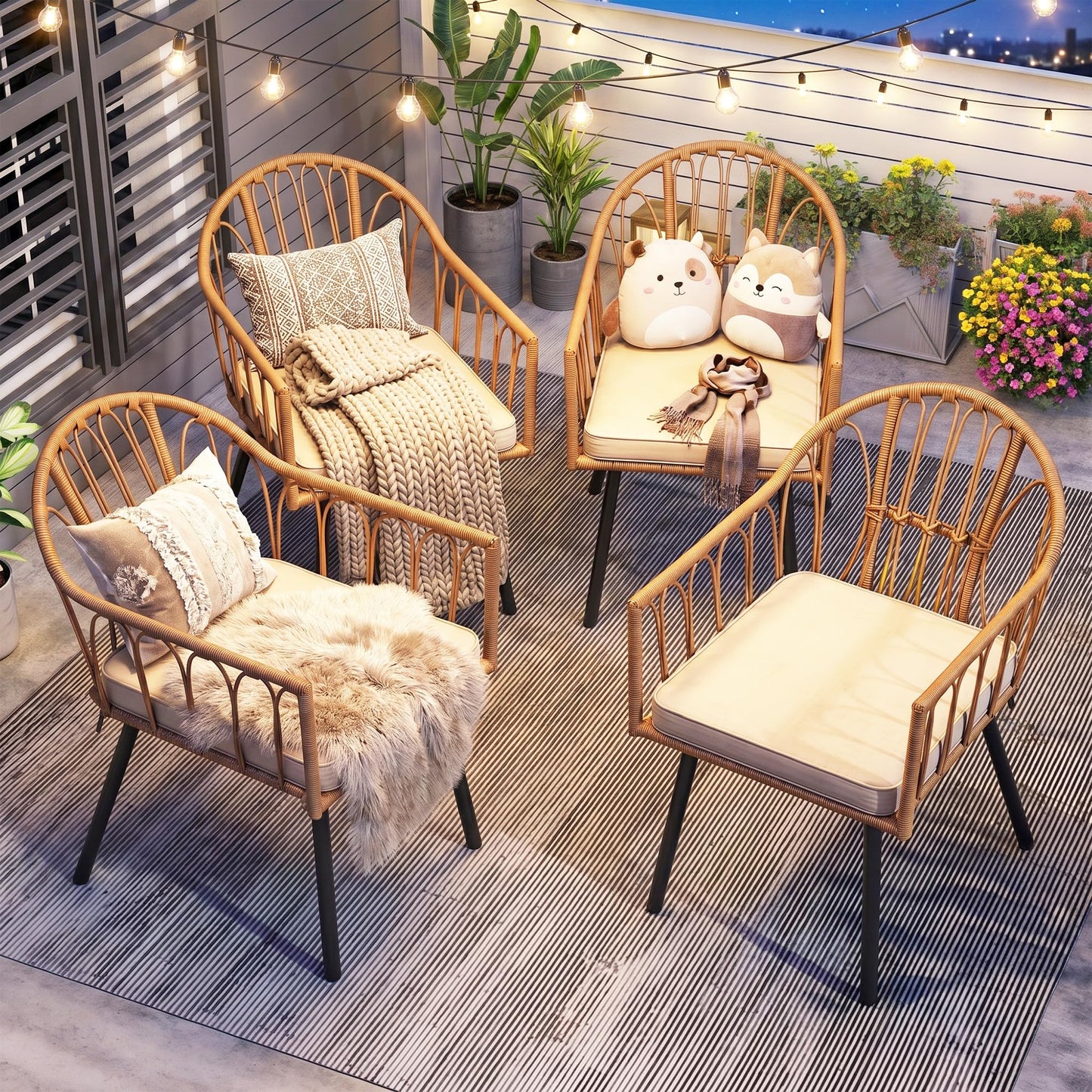 YITAHOME 4 Pieces Rattan Wicker Dinning Chairs, Outdoor Indoor Patio Furniture Set with Cushion and Curved Back All Weather Bistro Chair for Garden Backyard Porch Poolside Restaurant (Beige)