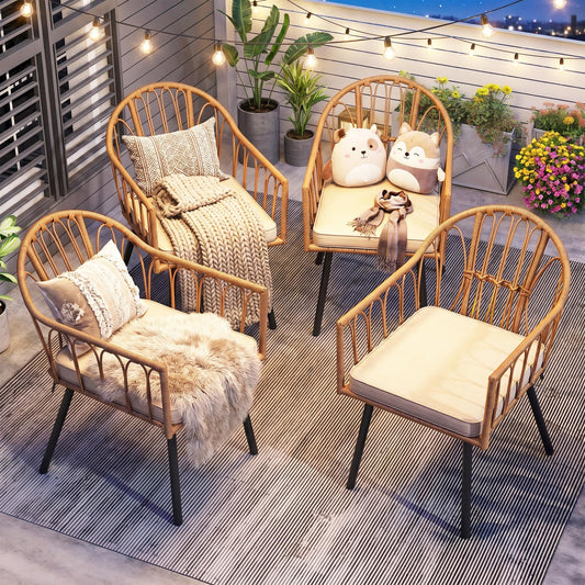 YITAHOME 4 Pieces Rattan Wicker Dinning Chairs, Outdoor Indoor Patio Furniture Set with Cushion and Curved Back All Weather Bistro Chair for Garden Backyard Porch Poolside Restaurant (Beige)
