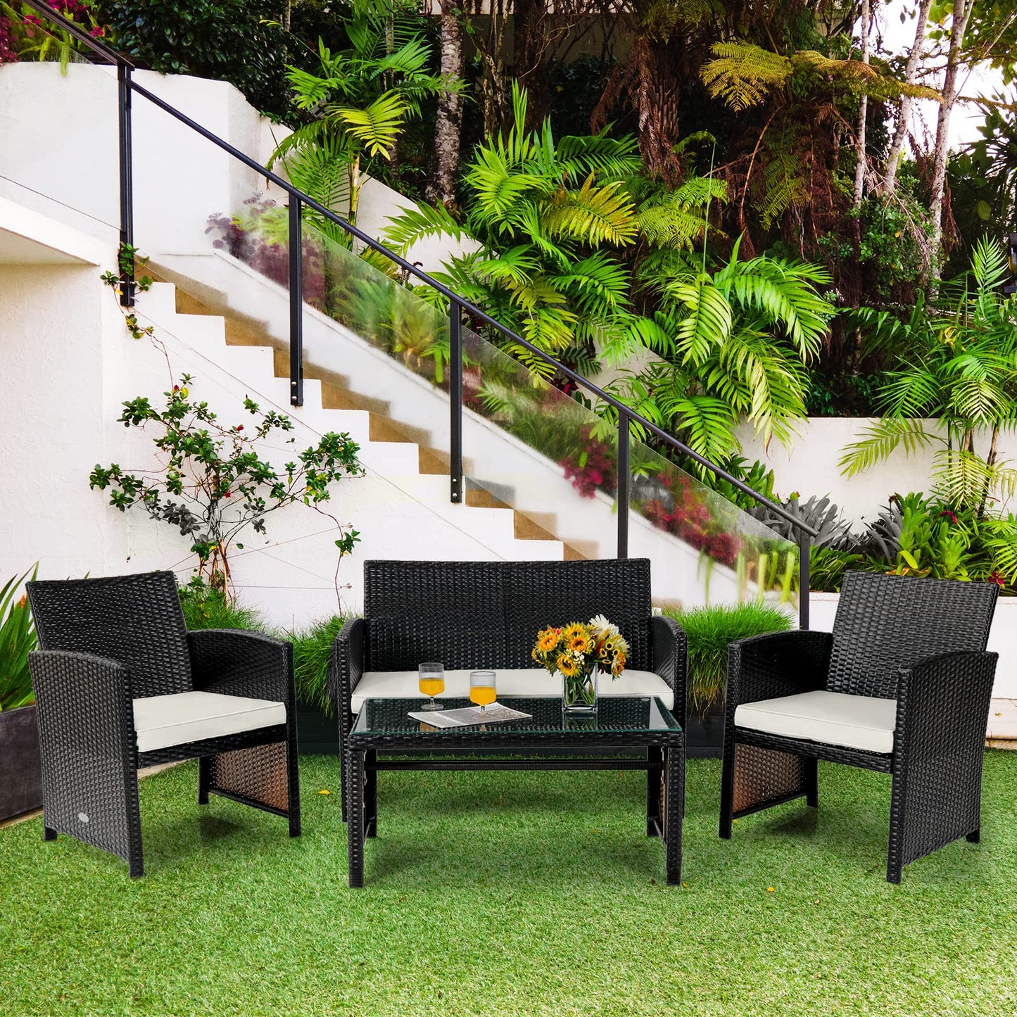 COSTWAY 4 Piece Patio Furniture Set, Outdoor PE Rattan Wicker Sectional Sofa with Cushion and Coffee Table, Patio Conversation Sets for Balcony Lawn Porch Patio Backyard Garden Poolside, White