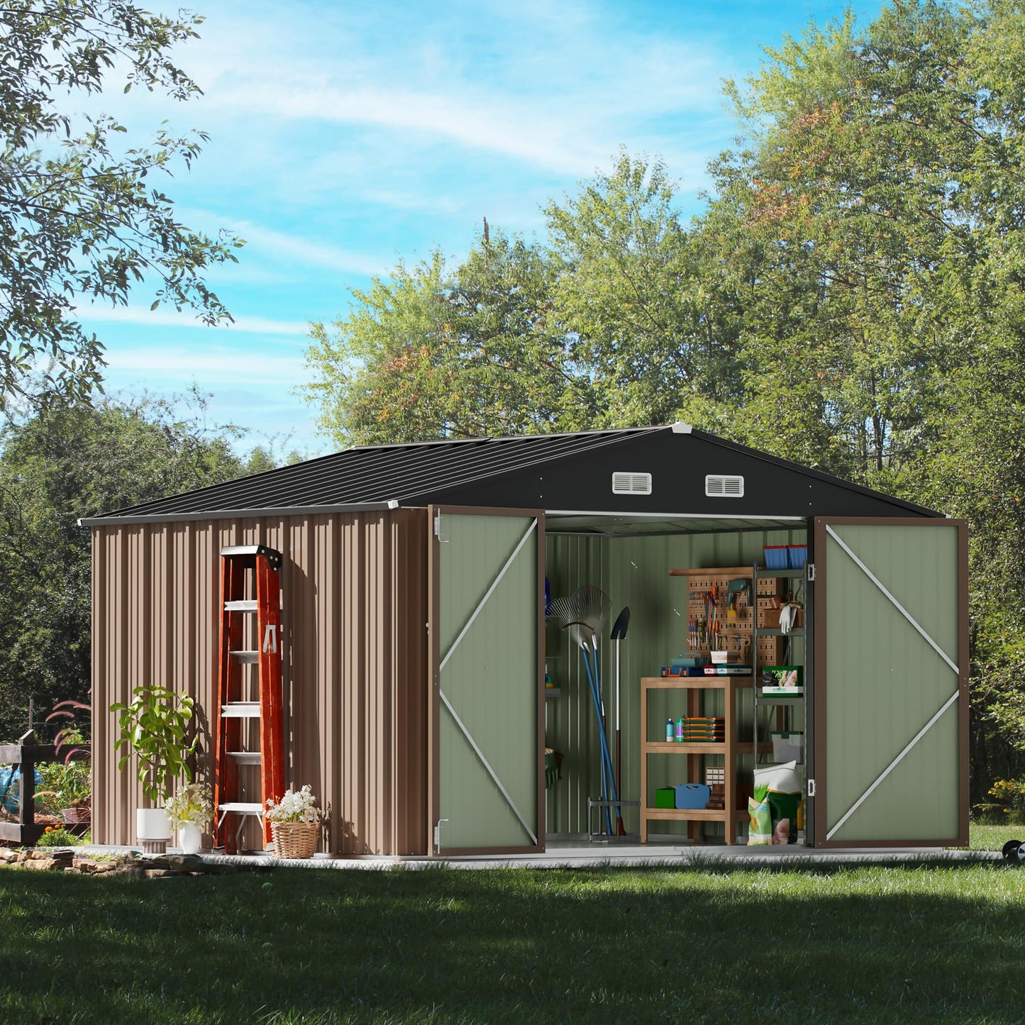 Devoko 10 x 8 FT Outdoor Storage Shed, Metal Garden Sheds & Outdoor Storage Clearance, Large Tool Shed Outdoor with Single Lockable Door for Patio Lawn Backyard (Brown)