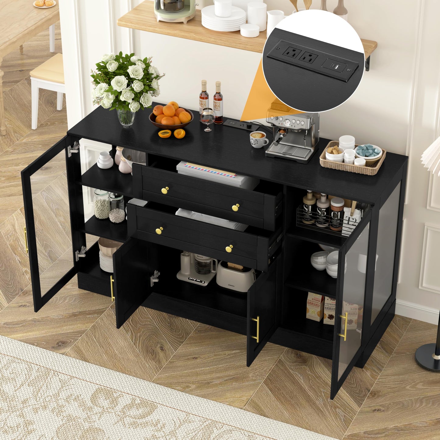 GDFStudio 51" Modern Storage Cabinet with Doors & Drawer, Large Buffet Sideboard Cabinet with Adjustable Shelves, Farmhouse Credenza Console Table Coffee Bar for Living Room Dining Room Kitchen, Black