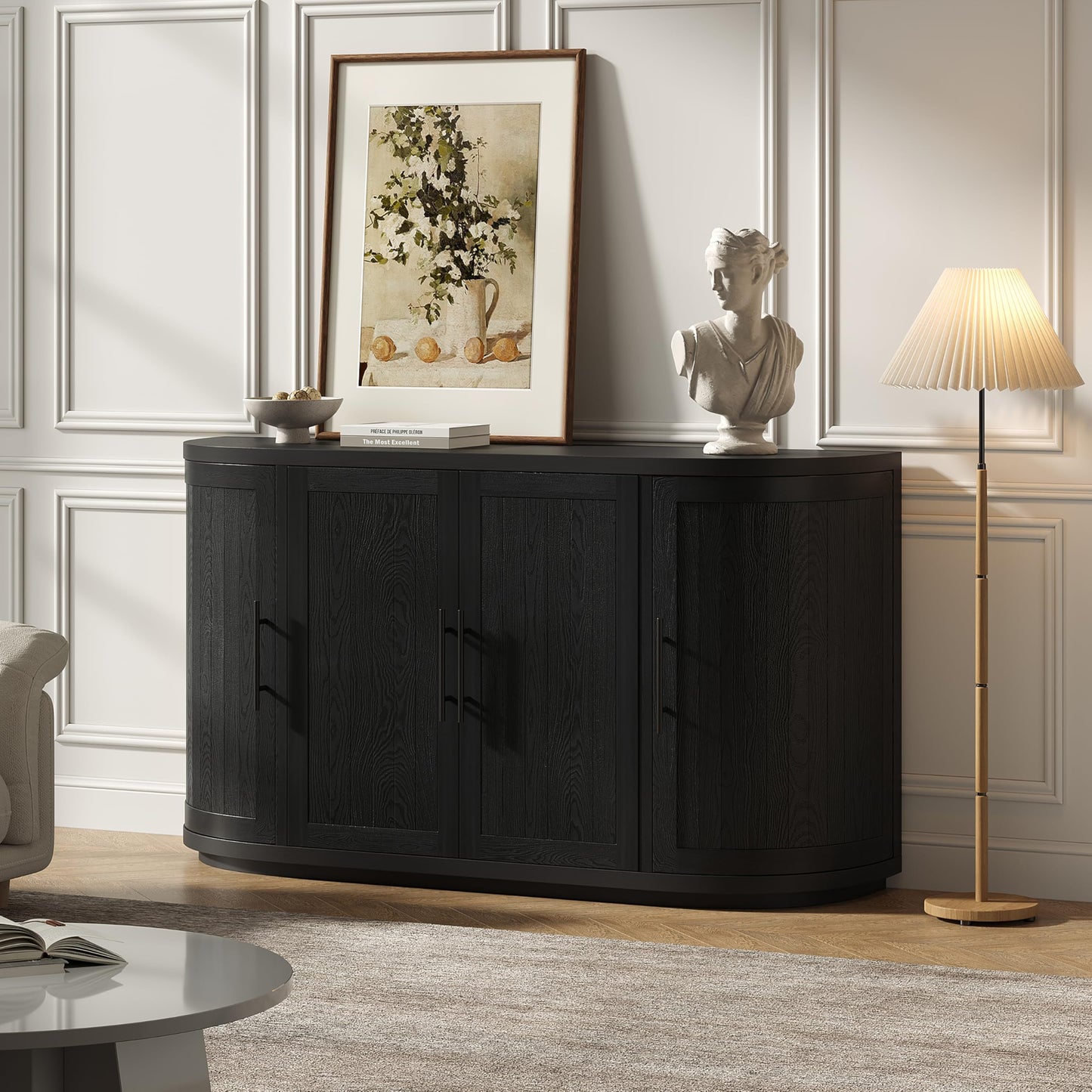 Christopher Knight Home Tian Modern Wooden Kitchen Sideboard Cabinet with Metal Handles, Living Room Storage Cabinet with Shelves, Spacious Dining Room Cupboard with 4 Doors, Curved Form, Black