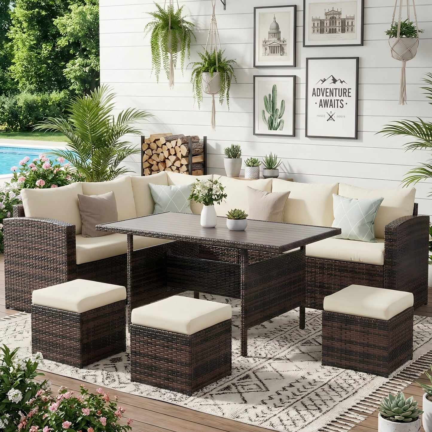 Wisteria Lane 7 Piece Patio Furniture Set, Wicker Patio Sectional with Wide Armrest, All Weather Outdoor Dining Set, Outdoor Furniture Patio Conversation Set with Ottoman, Brown