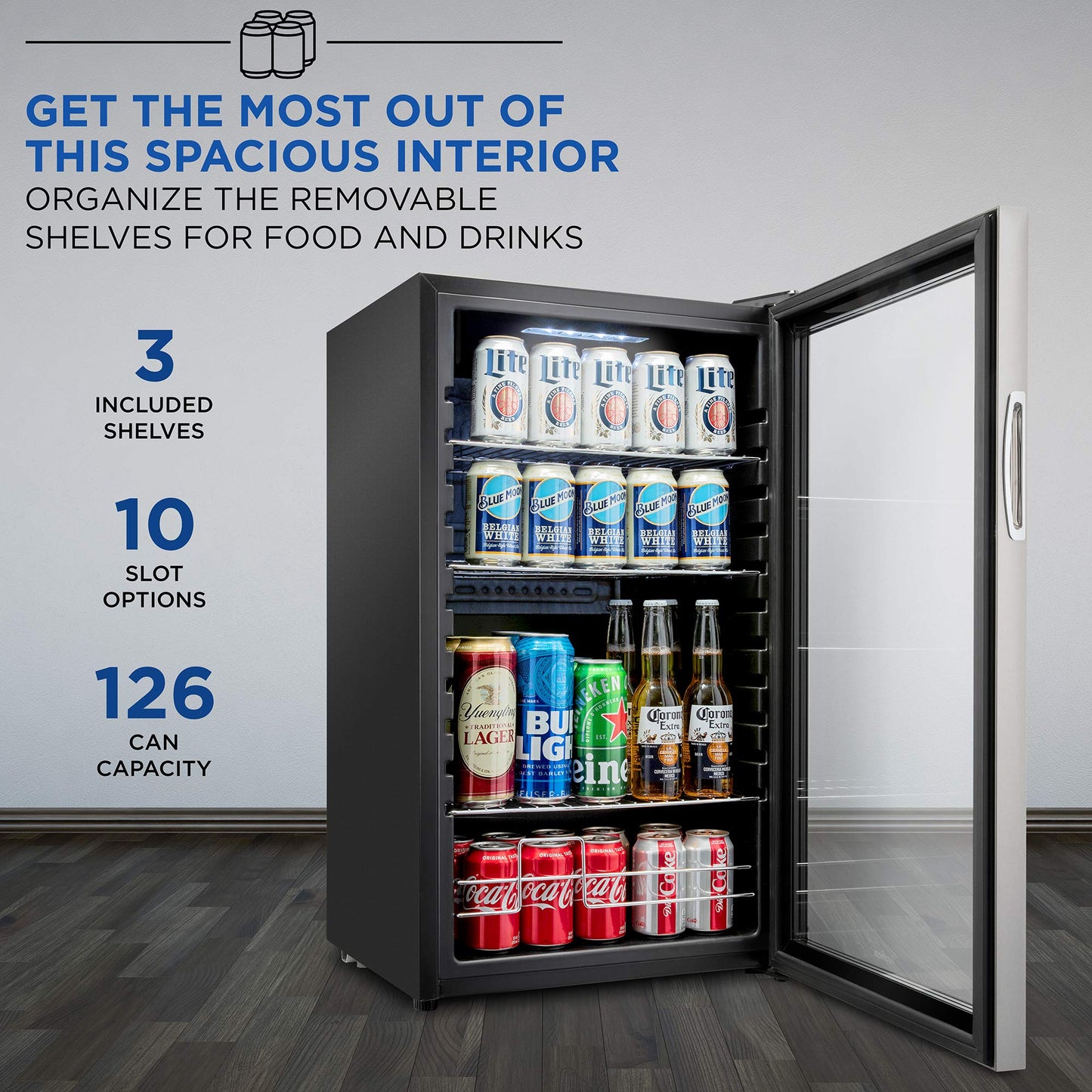 Ivation 126 Can Beverage Refrigerator | Freestanding Ultra Cool Mini Drink Fridge | Beer, Cocktails, Soda, Juice Cooler for Home & Office | Reversible Glass Door & Adjustable Shelving, Stainless Steel