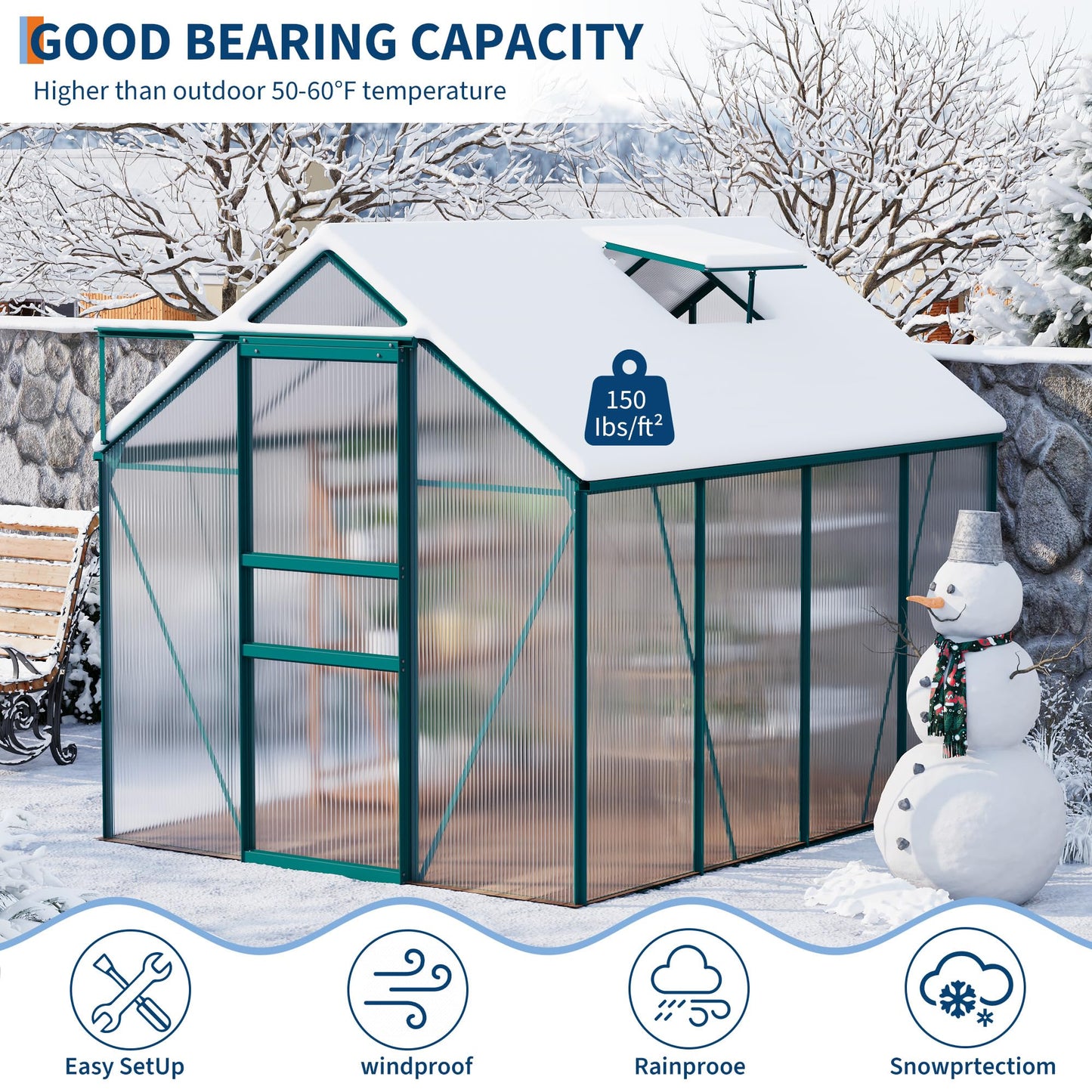IDEALHOUSE 6 x 8FT Greenhouse for Outside, Polycarbonate Greenhouses with Aluminum Frame, Sliding Door, Adjustable Roof Vent for Backyard, Outdoor Green Houses Garden Backyard, Patio