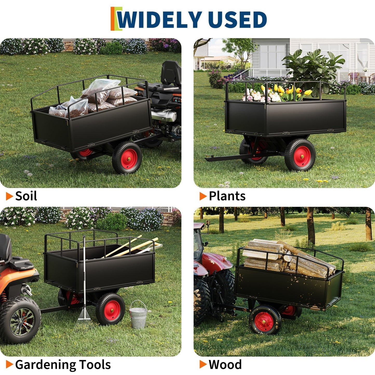 750 lbs 17 Cubic Feet Steel Dump Cart Trailer with Removable Sides, All Terrain Tires for Lawn Mower, Tractor, ATV | Heavy Duty Yard Garden & Farm Utility Trailer for Hauling Rocks, Soil, Debris