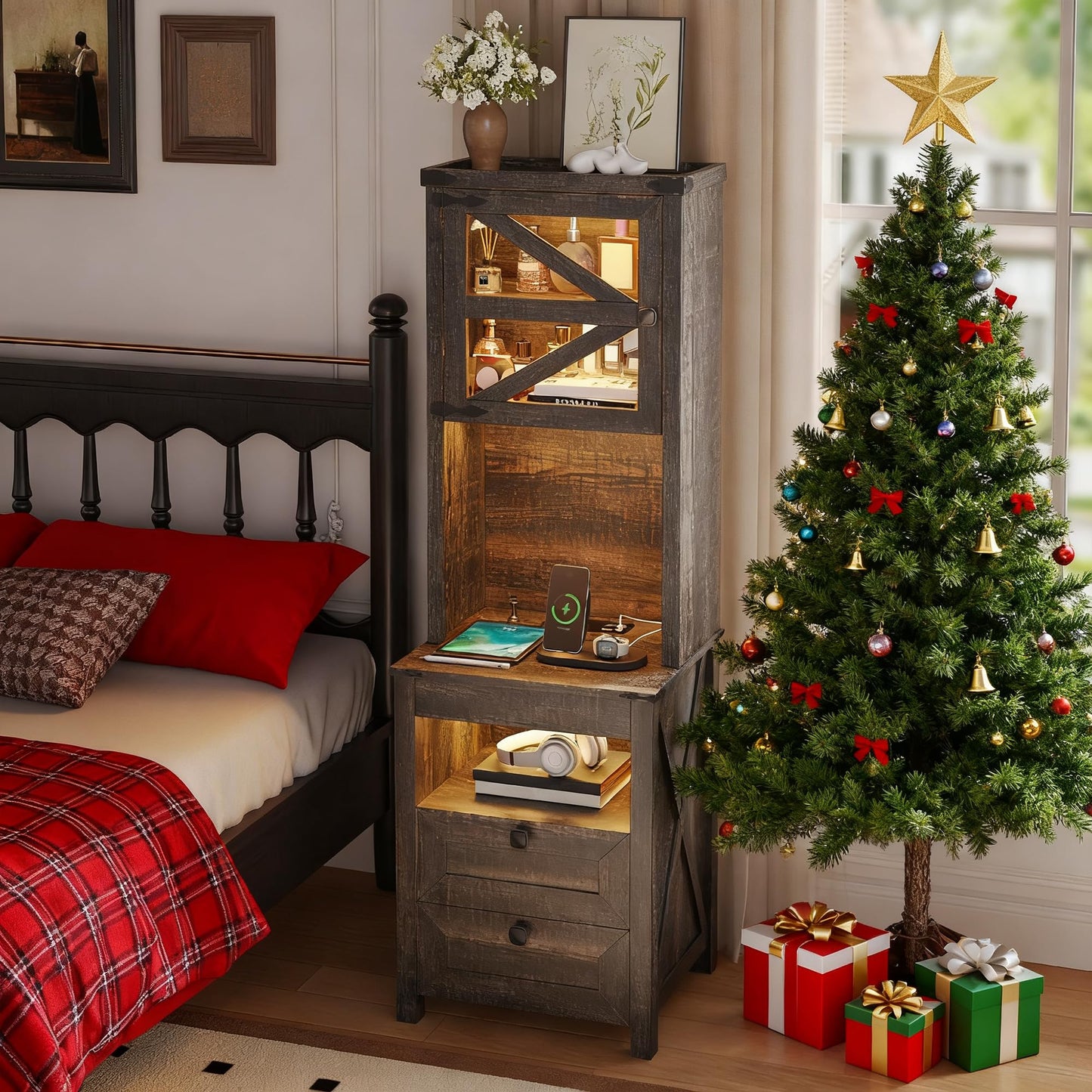 HWB Tall Night Stand with Charging Station and LED Lights, Farmhouse Nightstand with Gun Drawer&Adjustable Shelf, Bedside Table with 3 Drawers for Bedroom, Rustic Brown