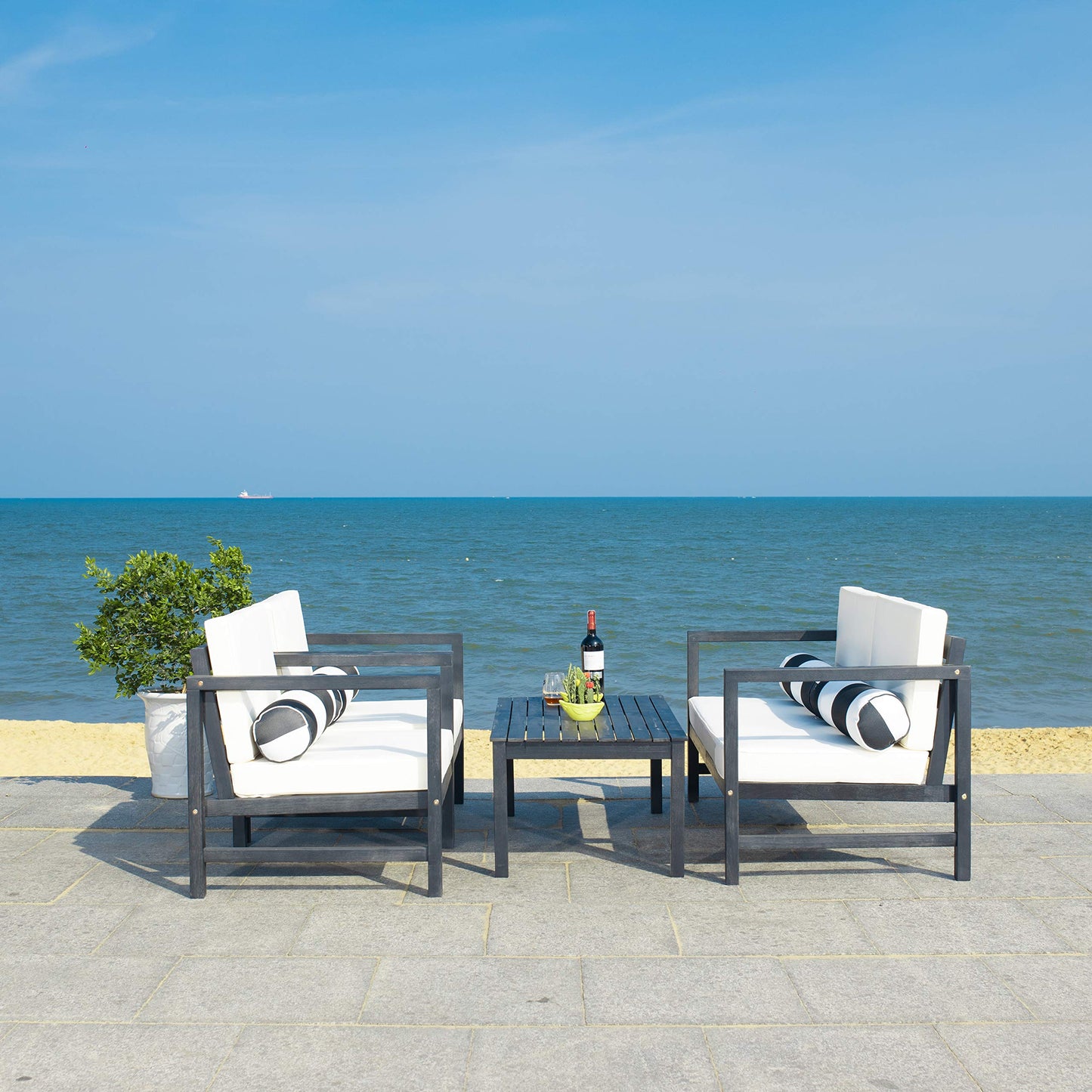SAFAVIEH Outdoor Collection Montez Black/ Beige Cushions/ Striped Bolster Pillows 4-Piece Conversation Patio Set