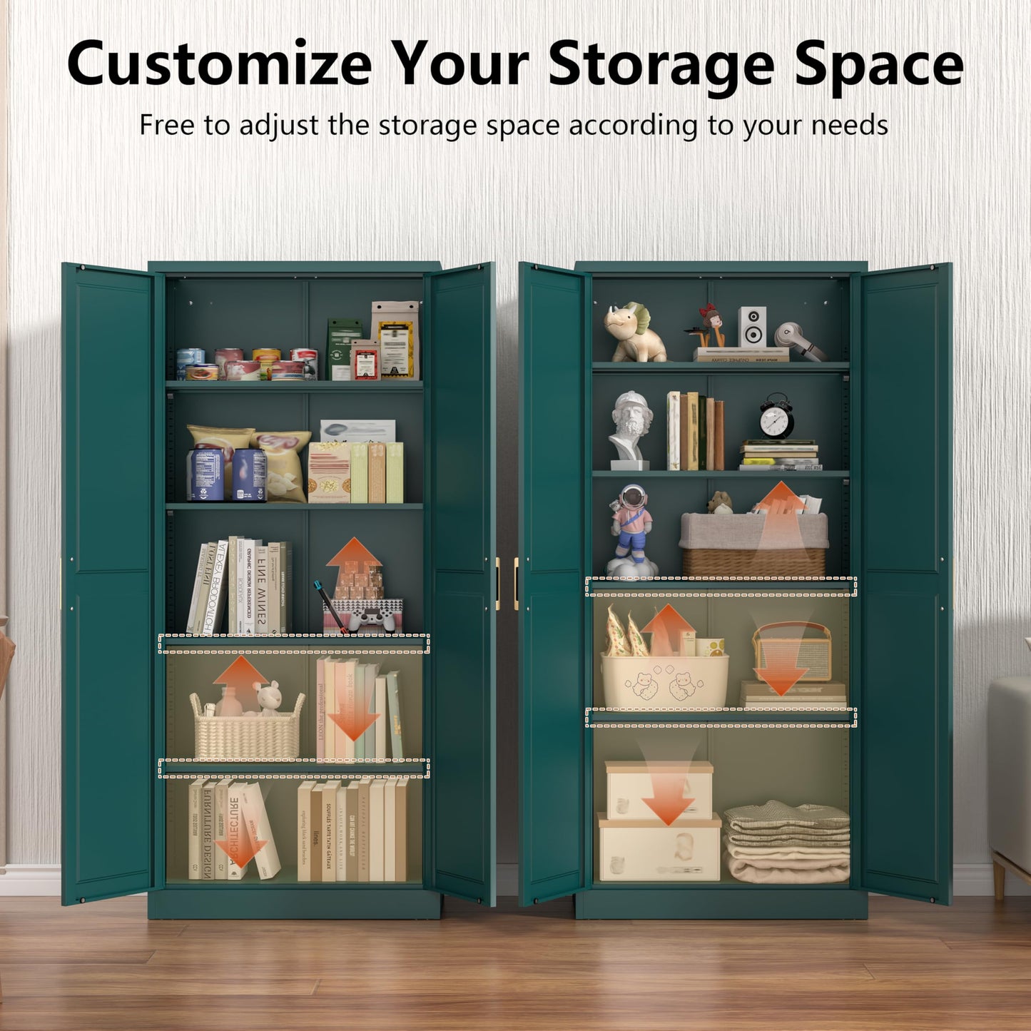 Polup Metal Storage Cabinet,75" Tall Kitchen Pantry Storage Cabinet with Doors and Adjustable Shelves, Green Metal Pantry Cabinets, Large Cupboard for Kitchen, Dining Living Room, Bathroom, Office