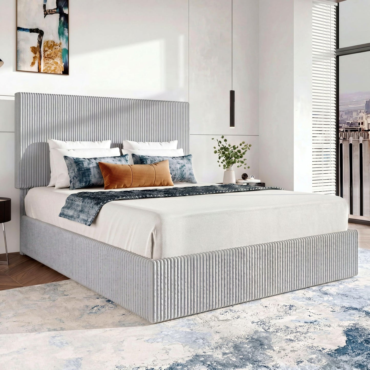 SHA CERLIN Queen Bed Frame, Corduroy Upholstered Platform Bed, Adjustable Vertical Channel Tufted Headboard, Modern Low Profile Frame, No Box Spring Needed, Easy Assembly, Light Grey