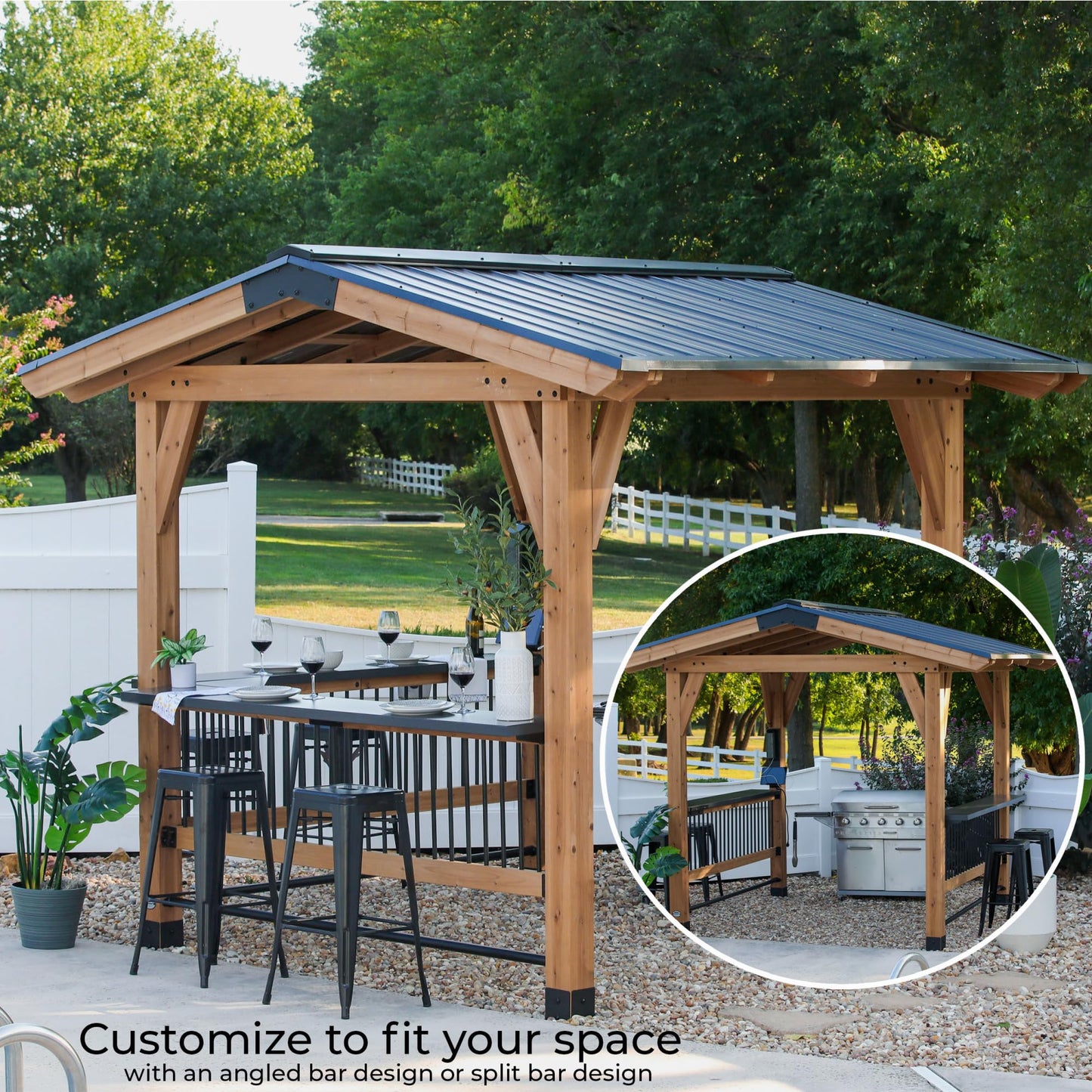 Backyard Discovery Granada 10' x 9' Cedar Wood BBQ Grill Gazebo Pavilion with Hardtop Galvanized Steel Roof, Bar Tops, Powerport, Snow Support, Wind Resistance, Cook Station for Outdoor Patio or Deck