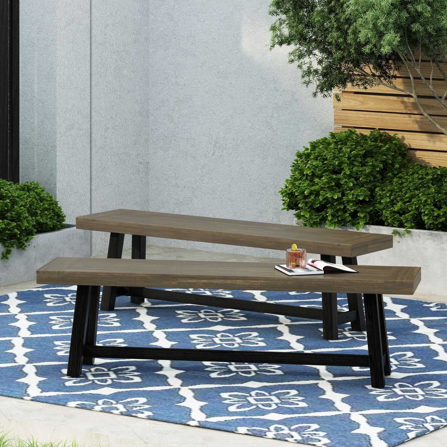 Merax 2-Piece Acacia Wood Outdoor Benches Set, 63" Rustic Patio Bench with Sandblast Gray Finish and H-Stretcher Design, Solid Hardwood Garden Bench for Dining, Porch, Fire Pit, Grey+Black