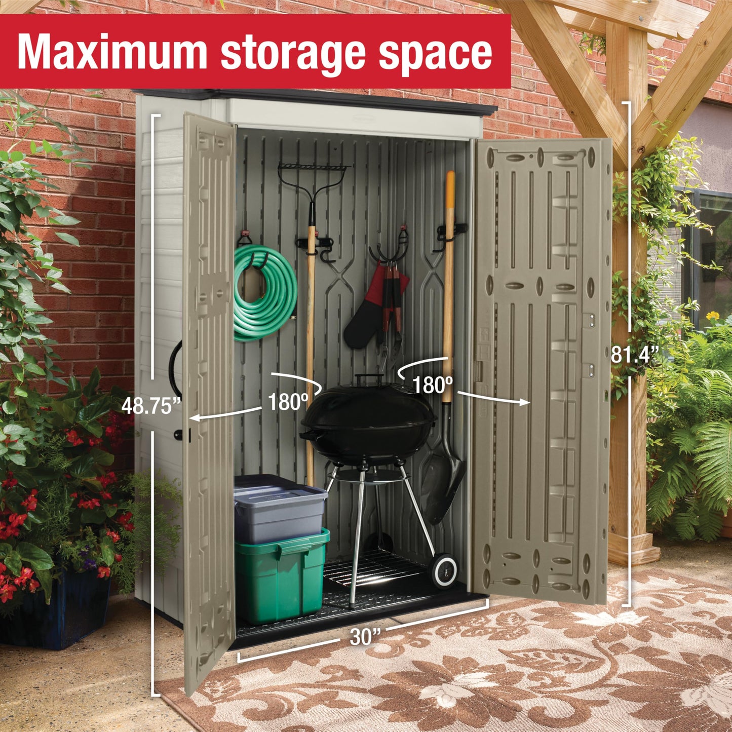Rubbermaid Vertical Resin Outdoor Storage Shed With Floor (4 x 2.5 Ft) Weather Resistant Beige/Brown Organization for Home/Backyard/Pool Chemicals/Toys/Garden Tools/Porch/Patio Cushions