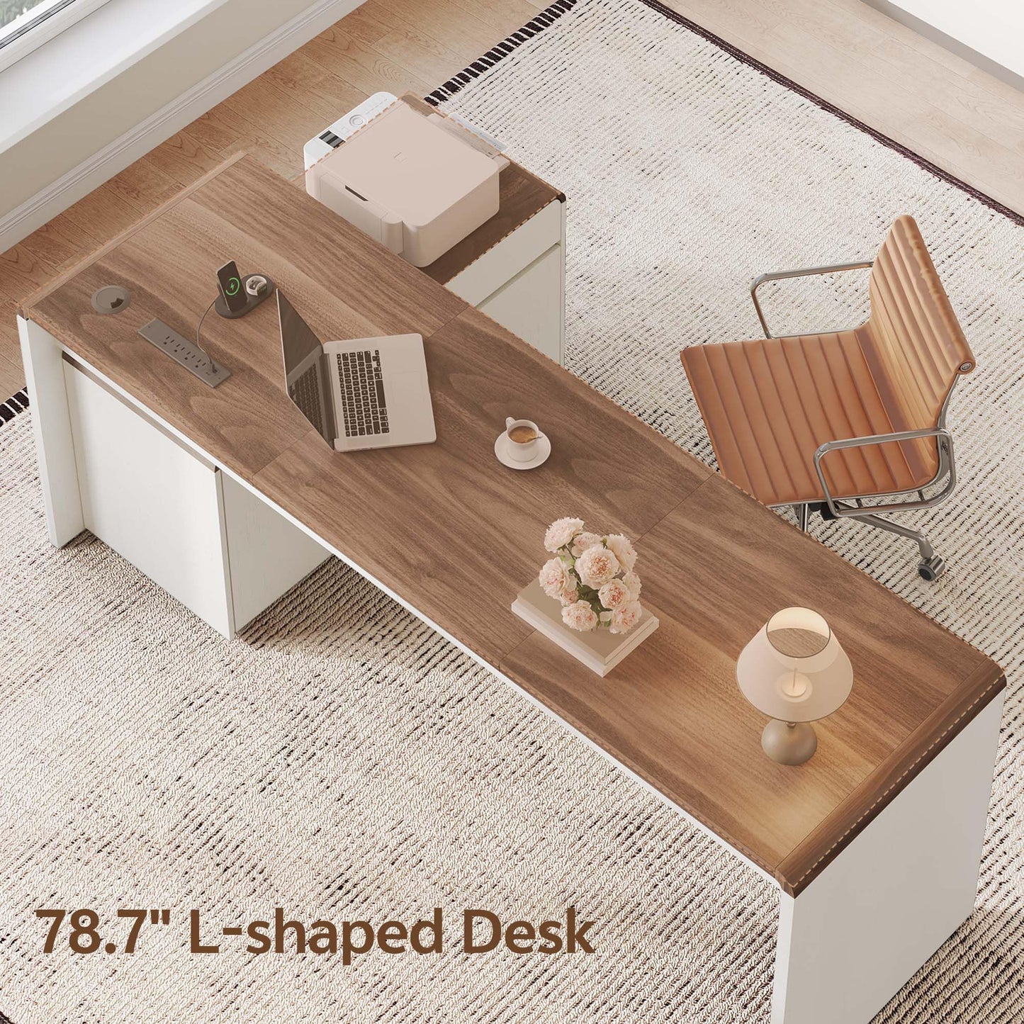 Homiflex Mid-Century Modern 78" L-Shaped Executive Desk with Independent Mobile File Cabinet, Large Home Office Desk with Drawers and 4 AC + 2 USB Power Outlets, Waterfall Edge Design, White & Walnut