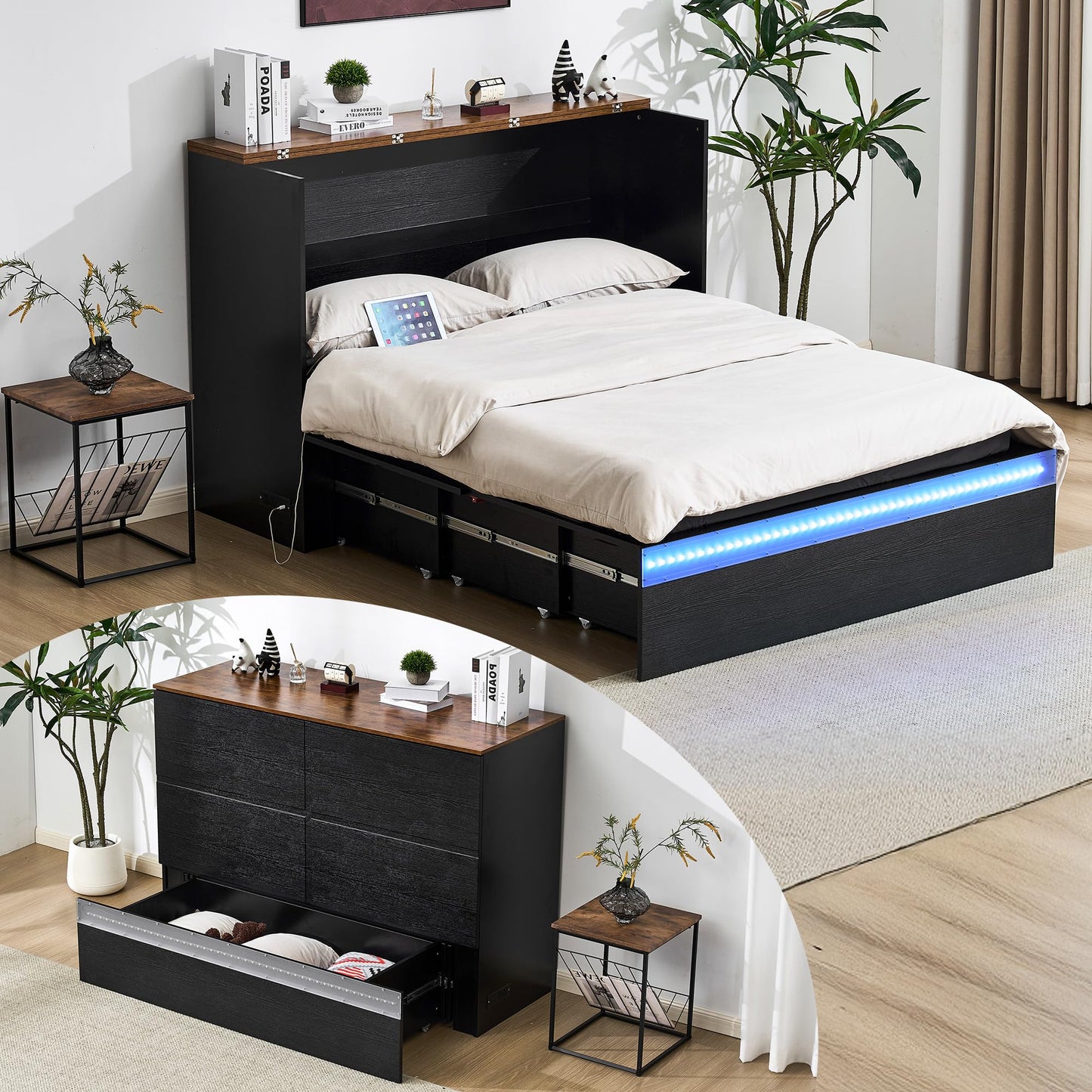 VINGLI Queen Size Murphy Bed with Storage Drawer,Smart LED Lighting,Built-in 2 Charging Stations, Space-Saving Cabinet Bedfor Kids,Adults & Guests,Classic Black