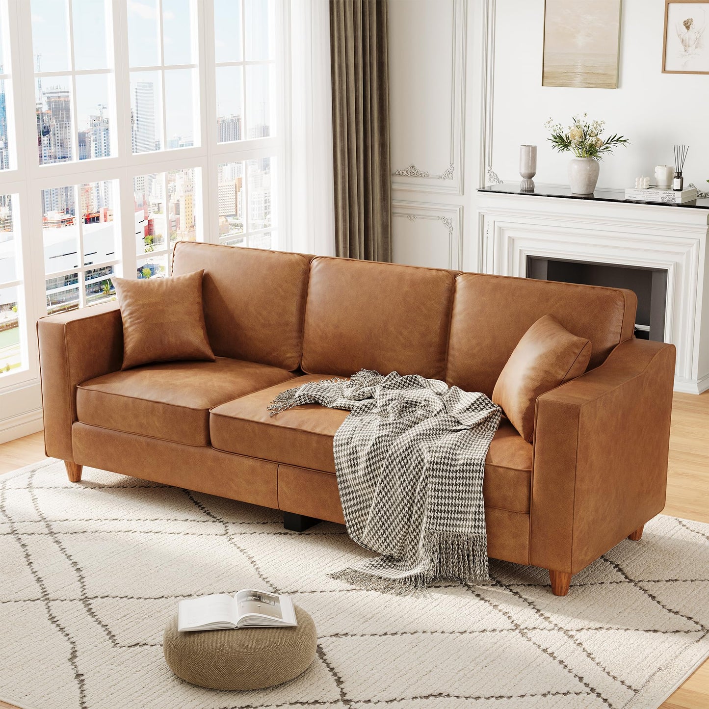Faux Leather Couch with 2 Throw Pillows, Sofa Couches for Living Room, 3 Seater Sofa with Wide Armrests, Wood Legs, Deep Seats, Back Cushion, Sturdy Support Feet, for Office, Living Room, Brown