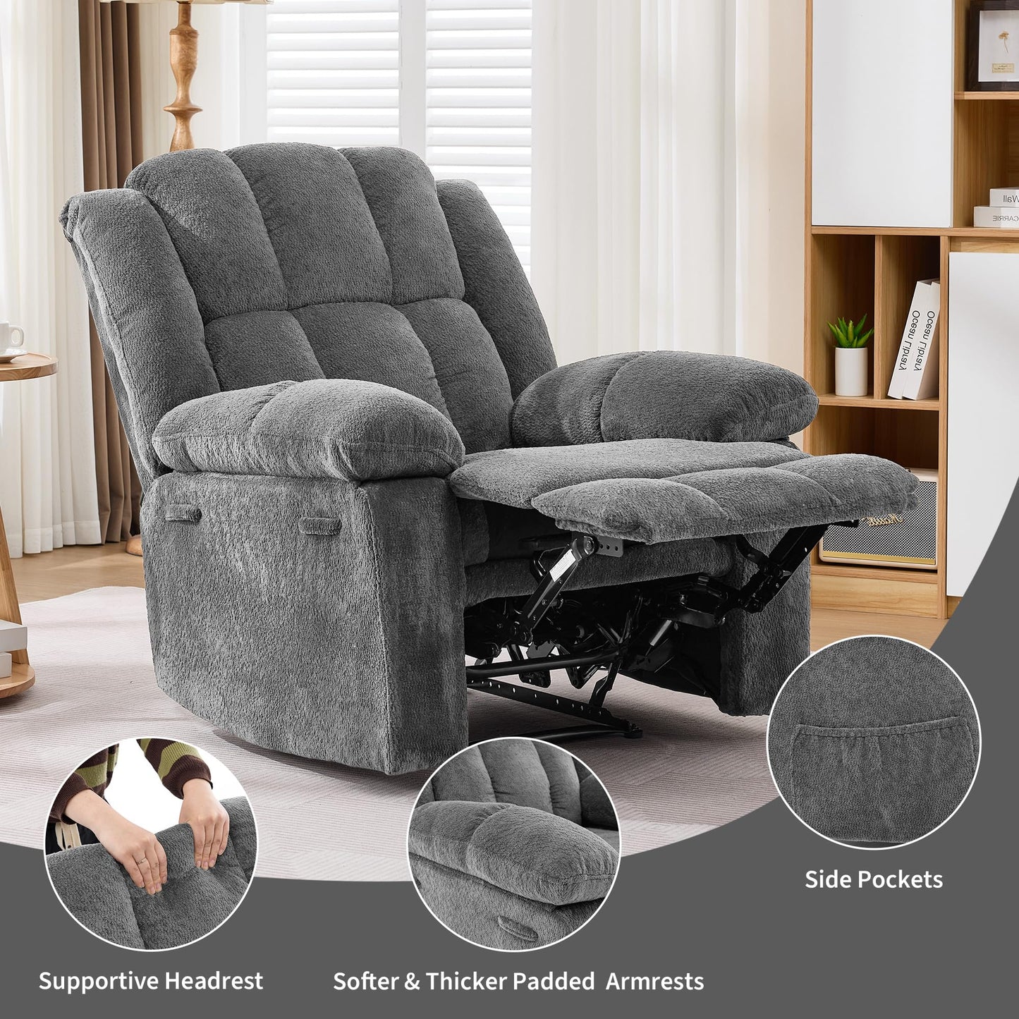 Oversized Recliner Chair for Adult,150°Recliner Chairs Ergonomic Nursery Chairs, Extra Wide Manual Recliners,Fabric Upholstery Soft Sofa Chair for Livingroom,Bedroom,Gray