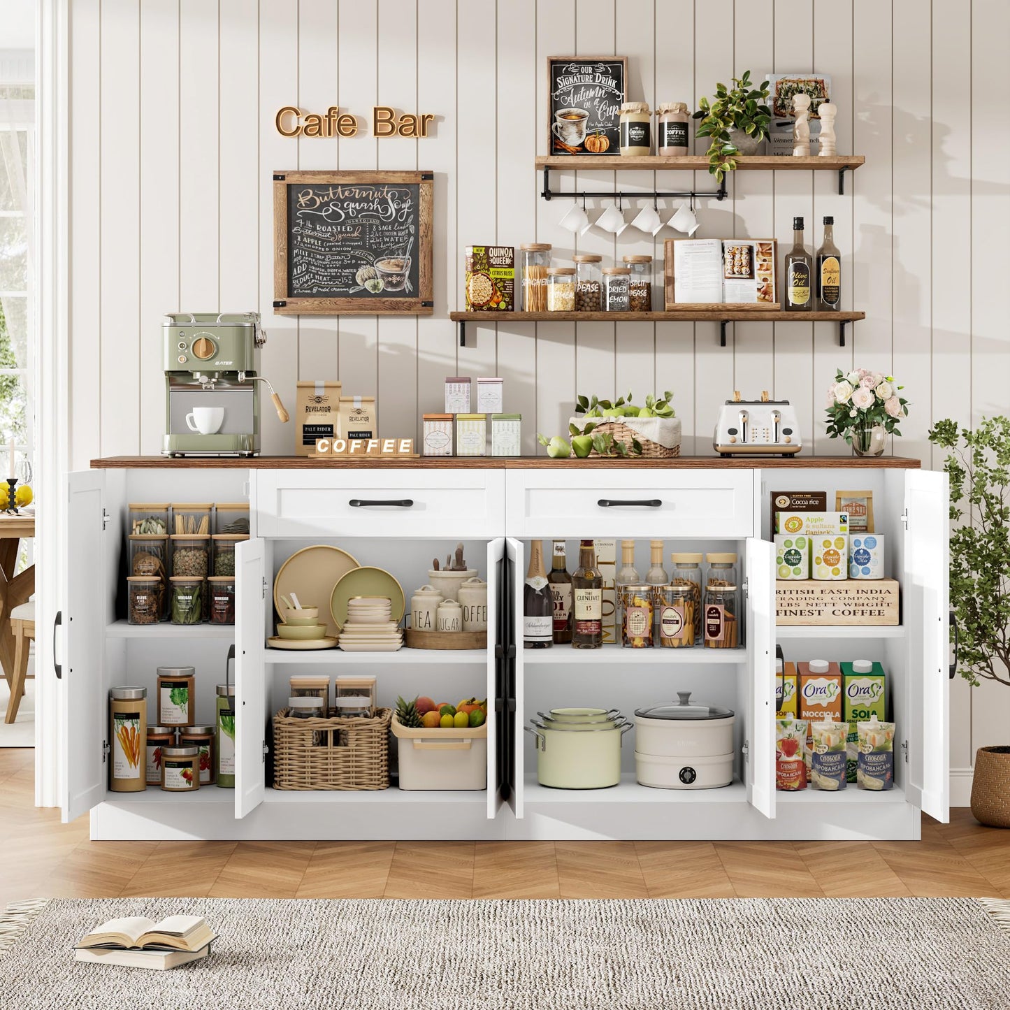 BOTLOG 71” Large Buffet Cabinet with Storage, Sideboard Buffet Cabinet with Adjustable Shelves and 6 Soft-Close Doors, Wood Coffee Bar Console Table for Kitchen, Dining Room, White
