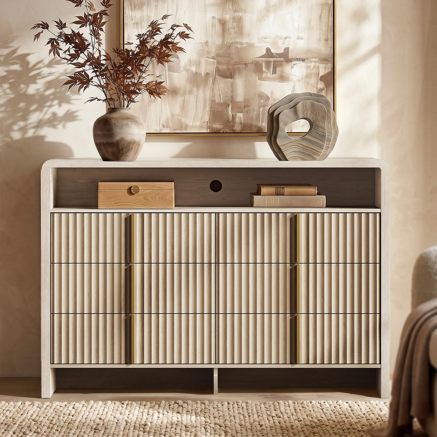 ModernMate 6 Drawer Dresser with Open Shelf, 53.2" Wide Fluted Dresser for Bedroom, Wood Chest of Drawers, Modern Storage Cabinet with Metal Handles, Anti-Tip Clothes Organizer, White Alder