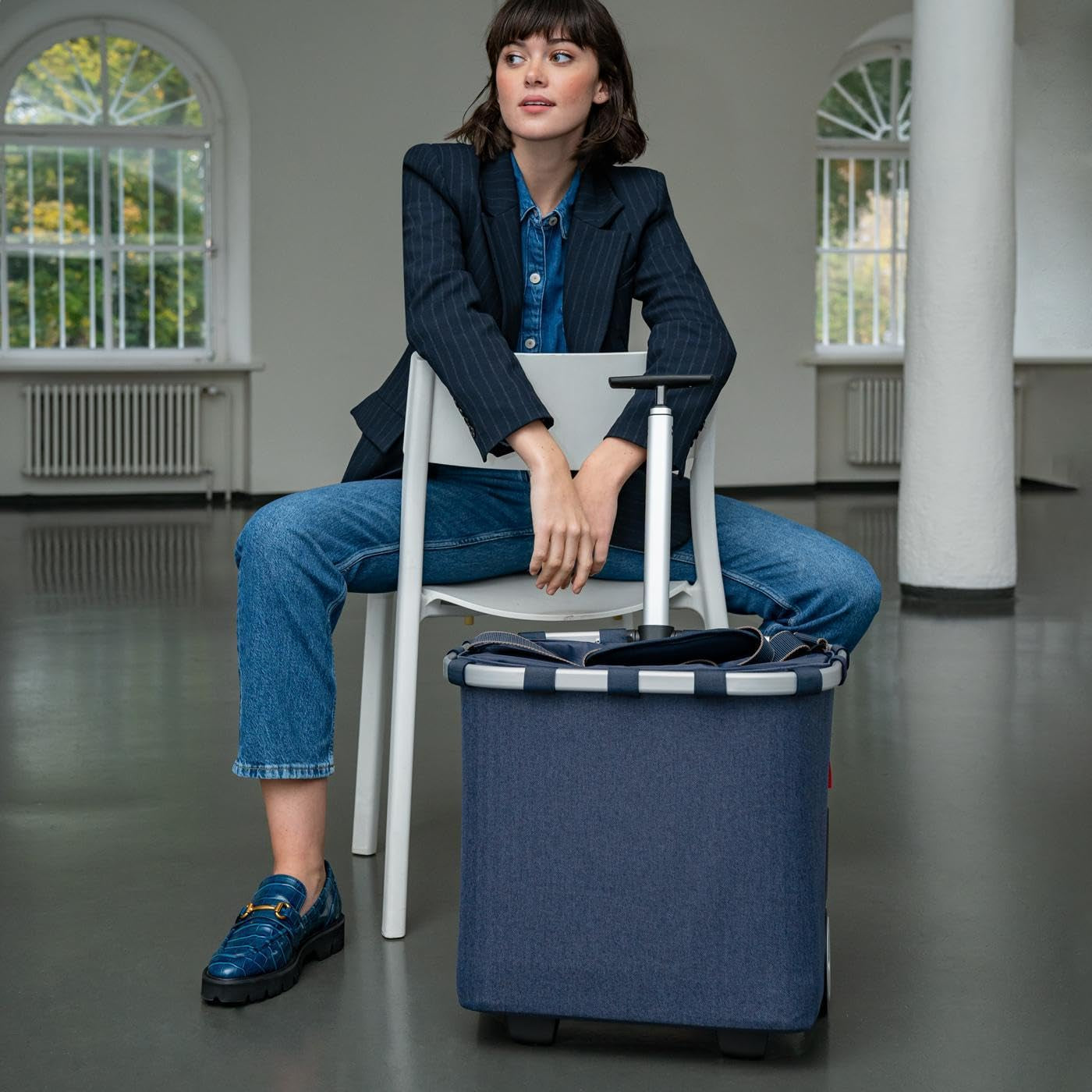 reisenthel carrycruiser Herringbone Dark Blue - Portable Shopping Trolley with Sturdy Aluminum Frame, Shoulder Strap and Removable mesh Inner Bag -Water-Repellent