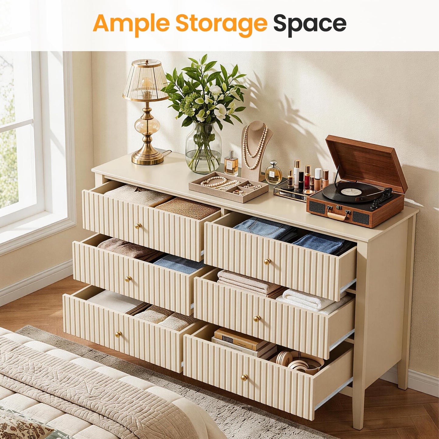 RoyalCraft Beige 6 Drawer Dresser, Fluted Modern Wood Chest of Drawers, Long Dresser for Bedroom TV Stand Storage Cabinet for Living Room
