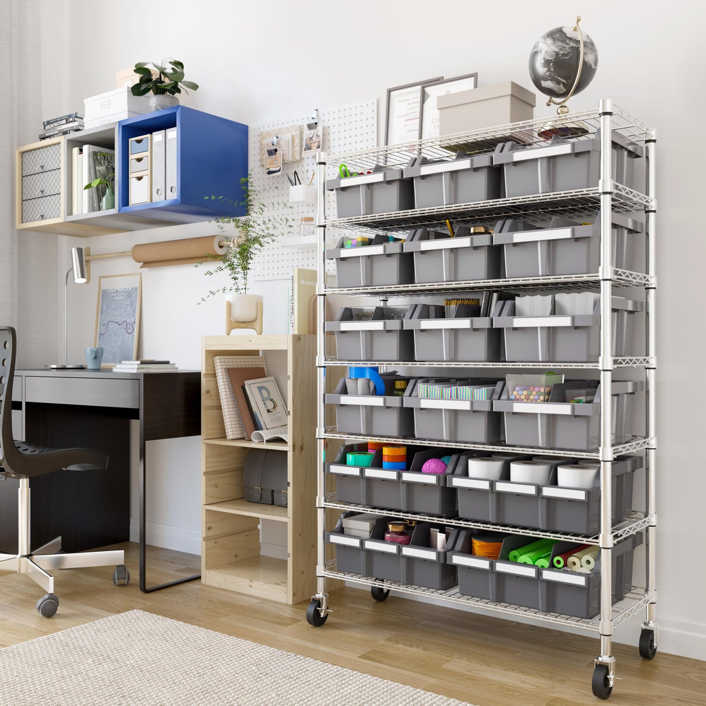 7-Tier NSF 16-Bin Steel Wire Shelving Rack, 36"W x 14"D x 56"H, Gray