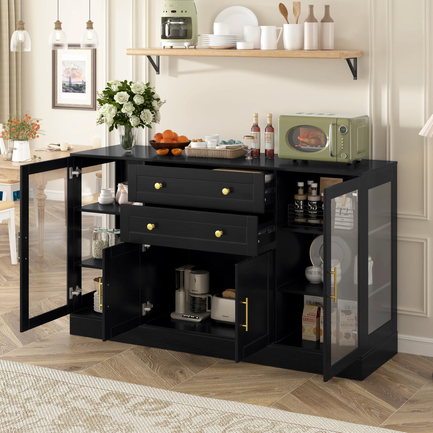 GDFStudio 51" Modern Storage Cabinet with Doors & Drawer, Large Buffet Sideboard Cabinet with Adjustable Shelves, Farmhouse Credenza Console Table Coffee Bar for Living Room Dining Room Kitchen, Black