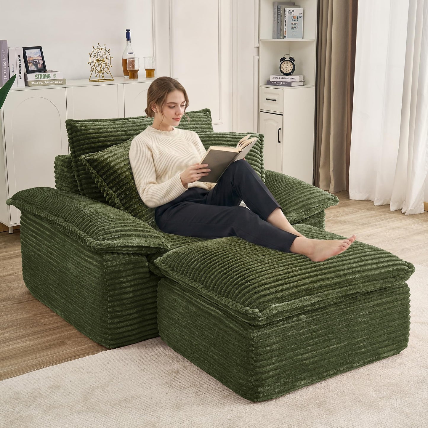 KEIKI 63" Oversized Lounge Sofa Chair with Ottoman, Deep Seat Cloud Couch Bed, Modular 1-Seater Sectional Sleeper Sofa, No Assembly Corduroy Couch for Reading Nook & Cozy Corner