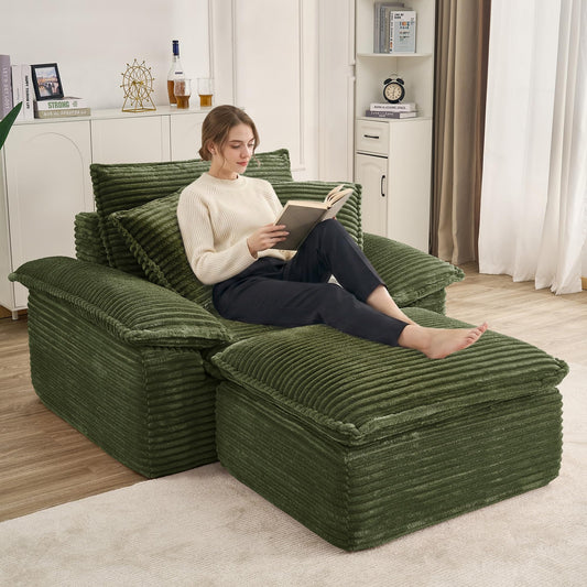 KEIKI 63" Oversized Lounge Sofa Chair with Ottoman, Deep Seat Cloud Couch Bed, Modular 1-Seater Sectional Sleeper Sofa, No Assembly Corduroy Couch for Reading Nook & Cozy Corner