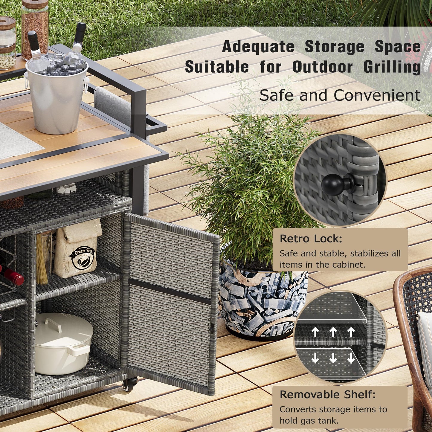 YOPTO 52.8" W Wicker Outdoor Grill Cart with Extended Poly-Wood Table Top - Drop Leaf Design,7 Shelves & Wine Rack,Rolling Kitchen Island on Lockable Wheels,for Patio,Backyard,Poolside & Garden,Grey