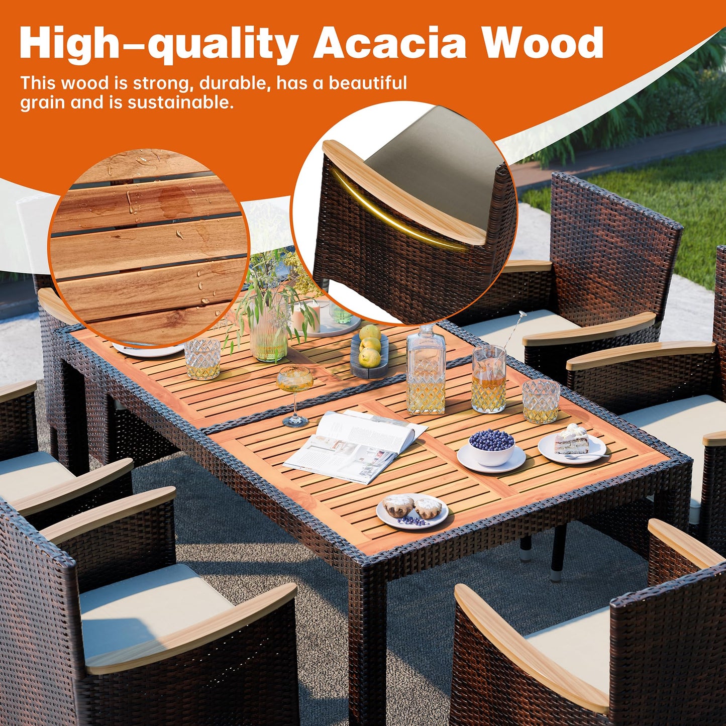 Shintenchi 7 PCS Patio Dining Set, Wicker Patio Conversation Set with Wooden Table Top, Outdoor Table and Chairs with Soft Cushions for Backyard, Deck and Garden, Brown Wicker